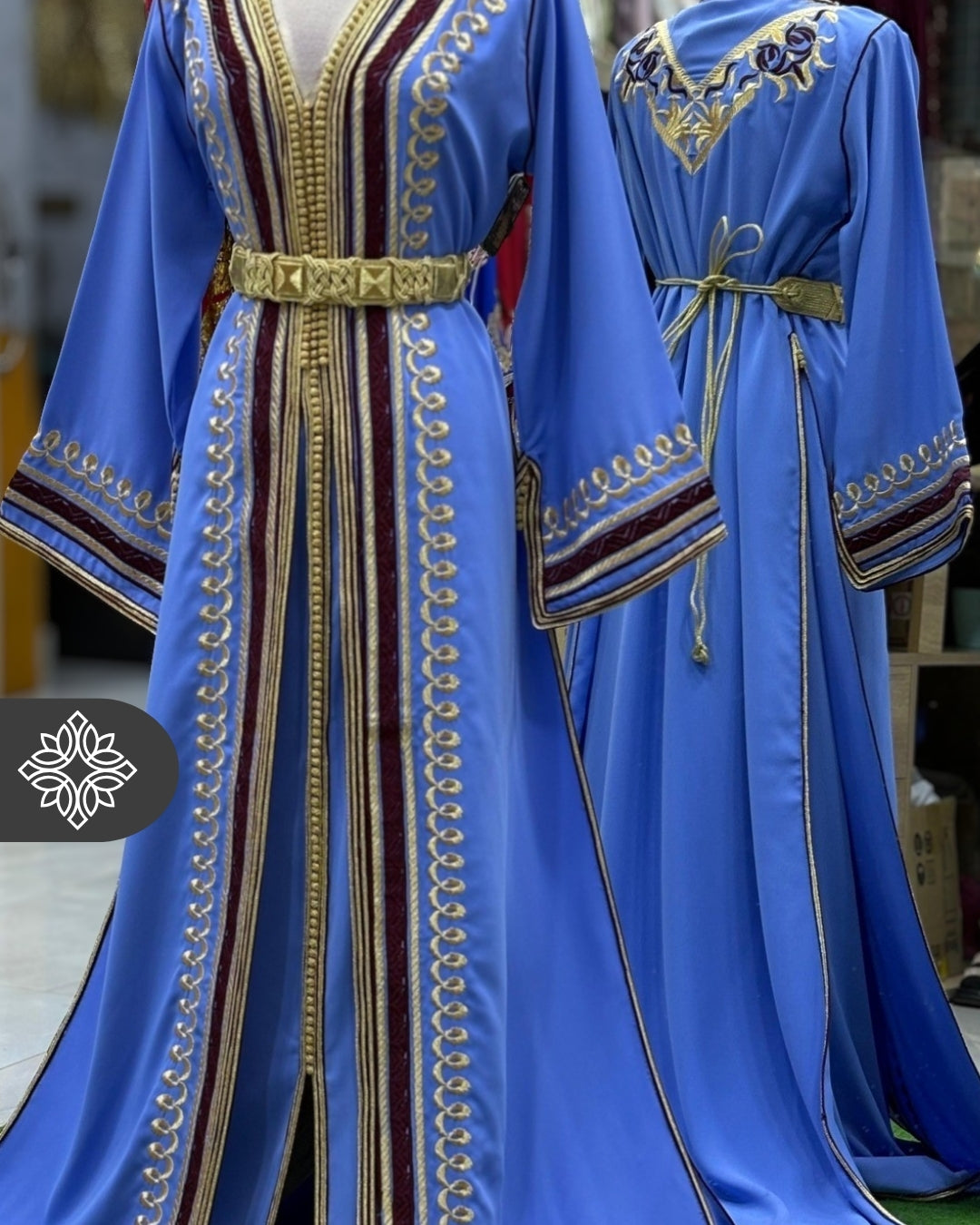 Sky Blue & Burgundy Two Piece Moroccan Kaftan, Takchita with Gold Embroidery