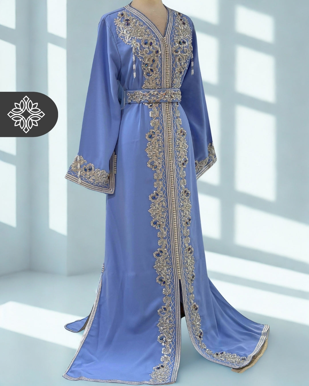 Baby Blue One-Piece Kaftan | Luxury Silver Embroidery & Beads | Moroccan Caftan Dress