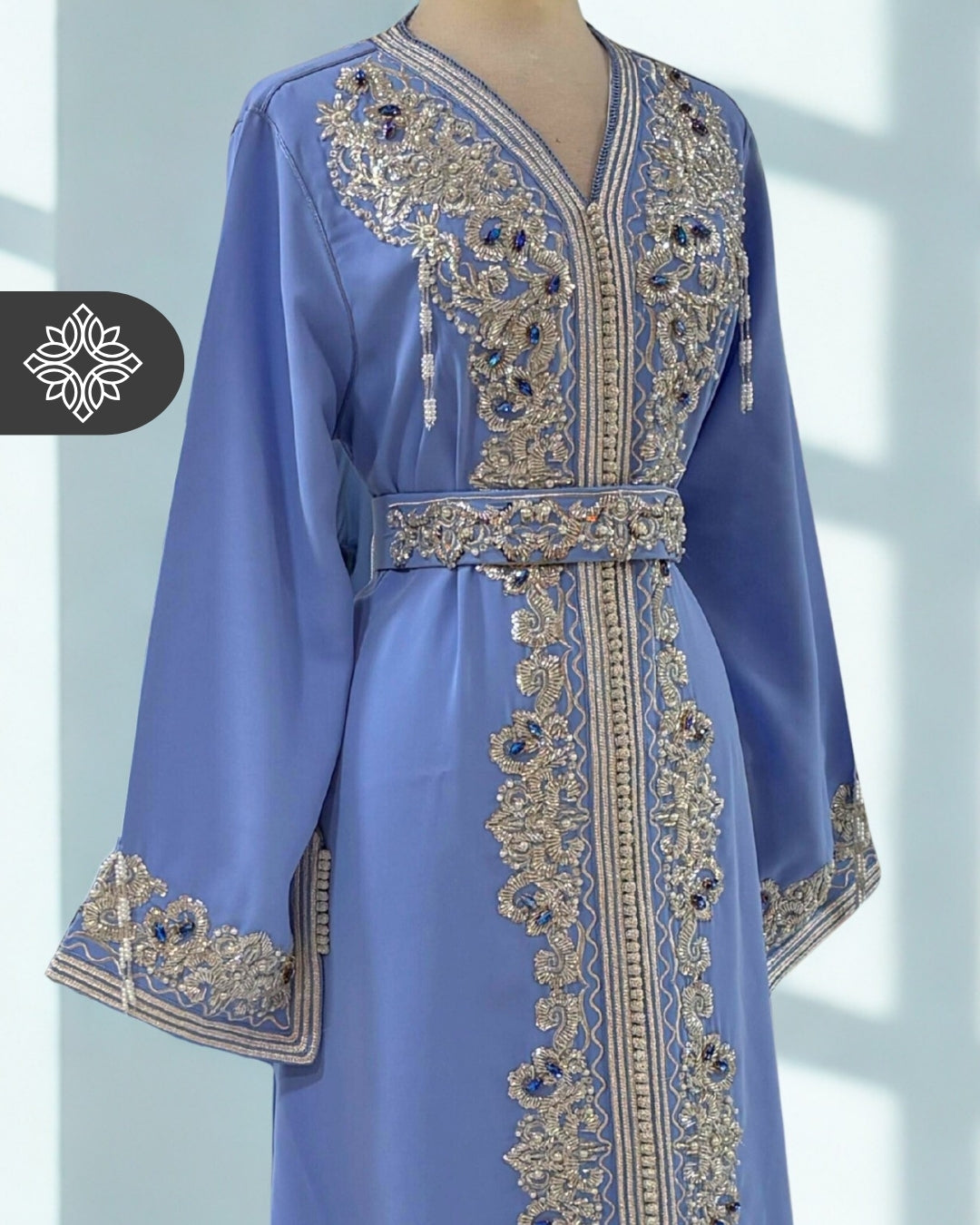 Baby Blue One-Piece Kaftan | Luxury Silver Embroidery & Beads | Moroccan Caftan Dress
