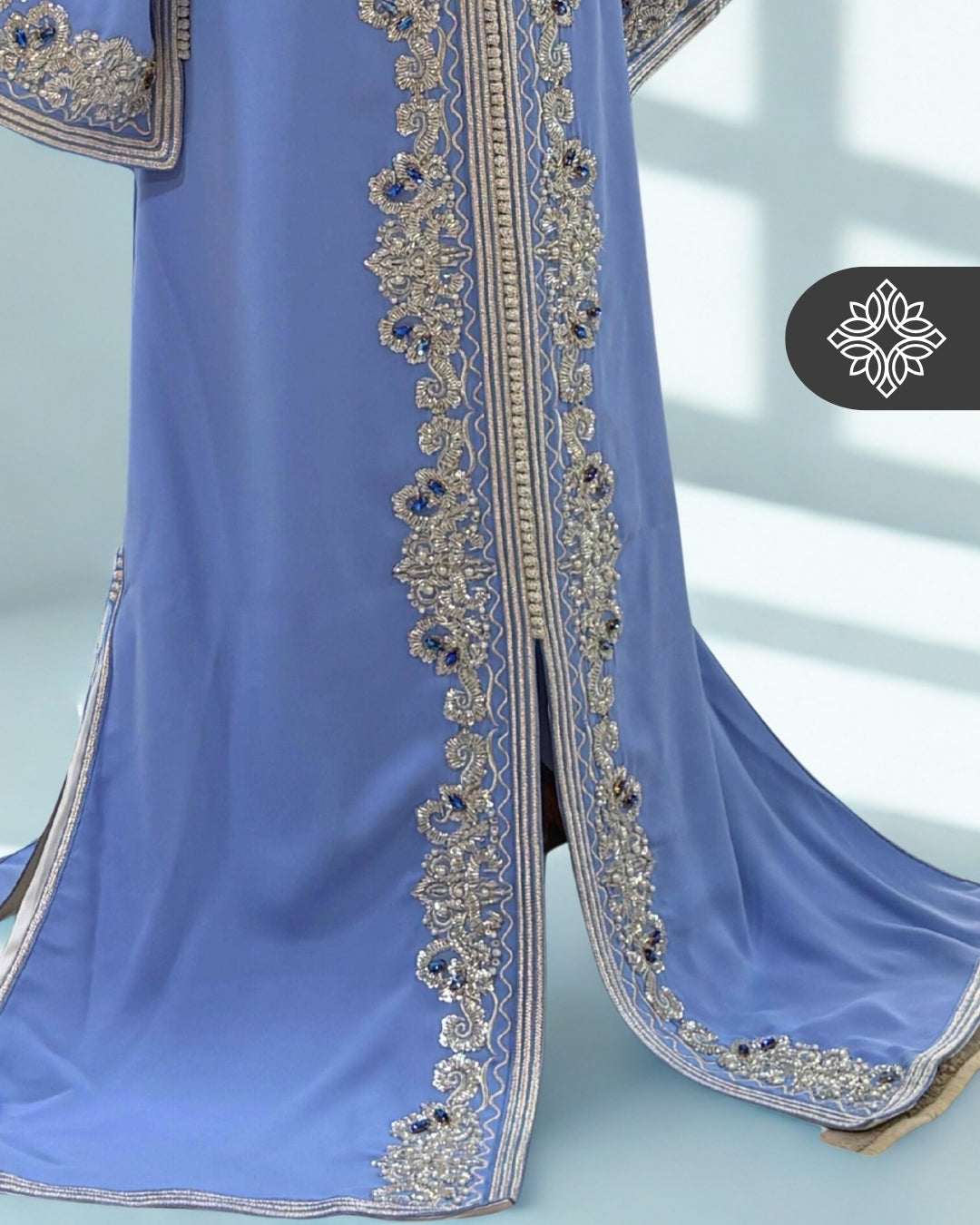 Baby Blue One-Piece Kaftan | Luxury Silver Embroidery & Beads | Moroccan Caftan Dress