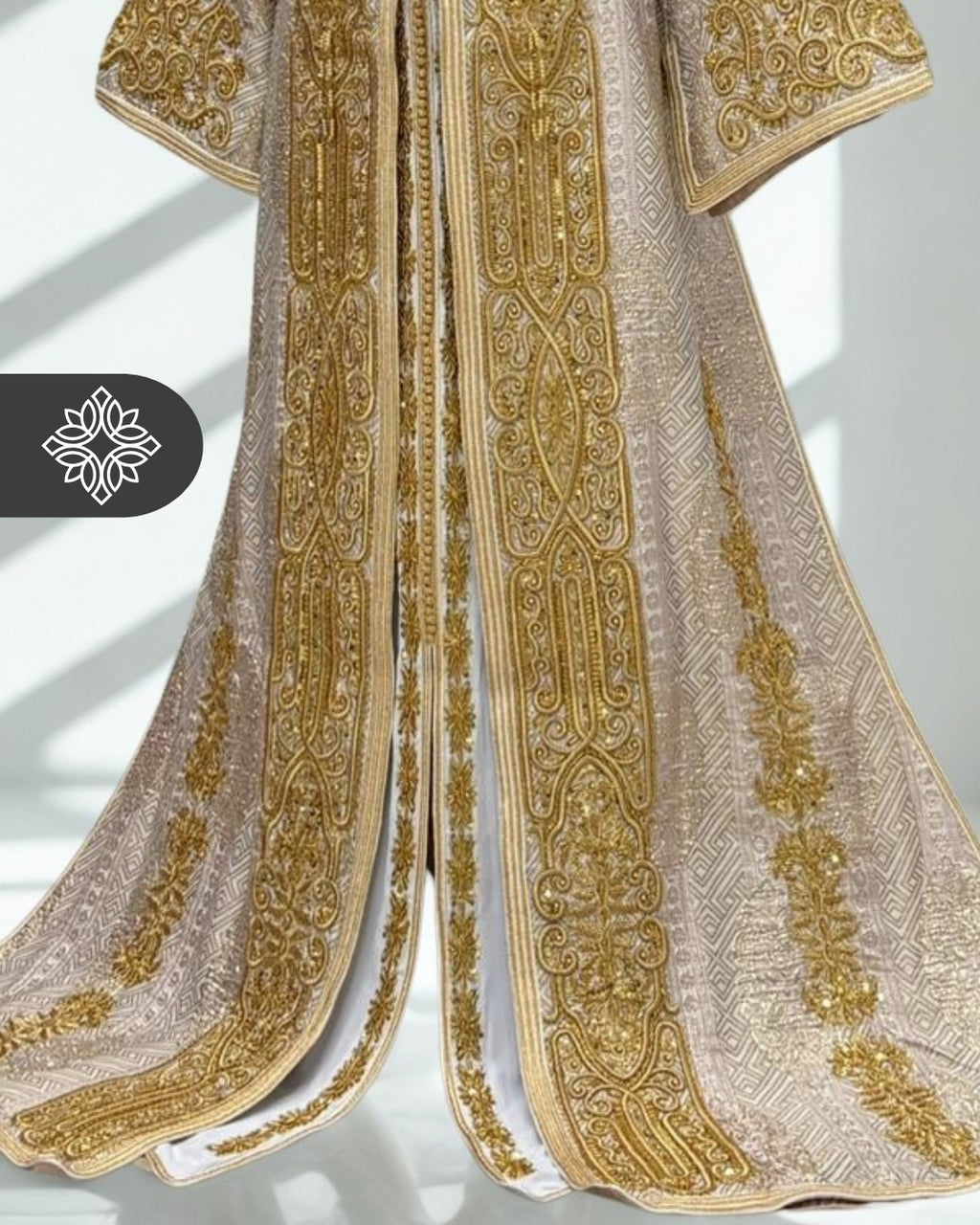Silver Grey Moroccan Takchita | Luxury Two-Piece Kaftan Brocade | Tonal Silver Embroidery
