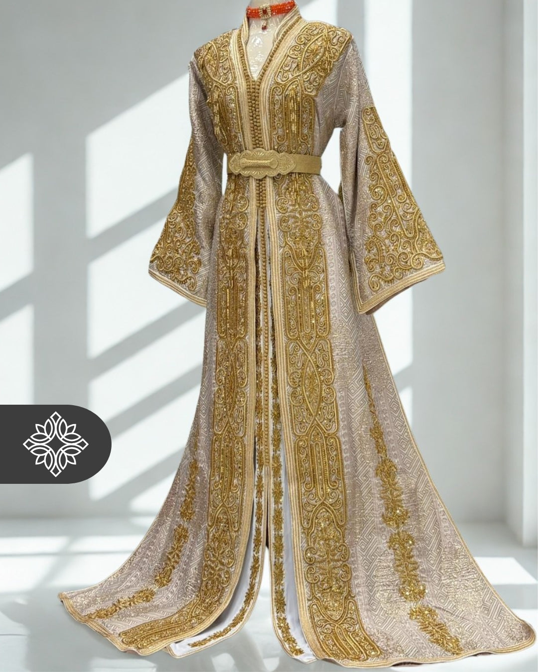 Soft Lavender Moroccan Takchita | Luxury Two-Piece Kaftan Brocade | Golden Hand Embroidery