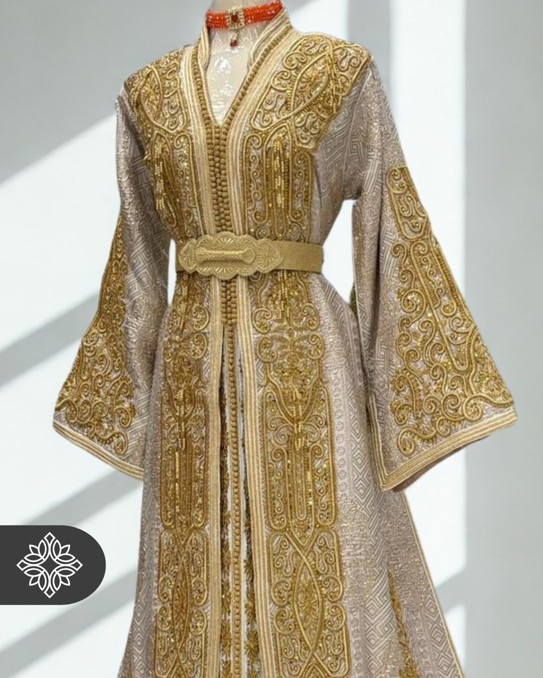 Silver Grey Moroccan Takchita | Luxury Two-Piece Kaftan Brocade | Tonal Silver Embroidery