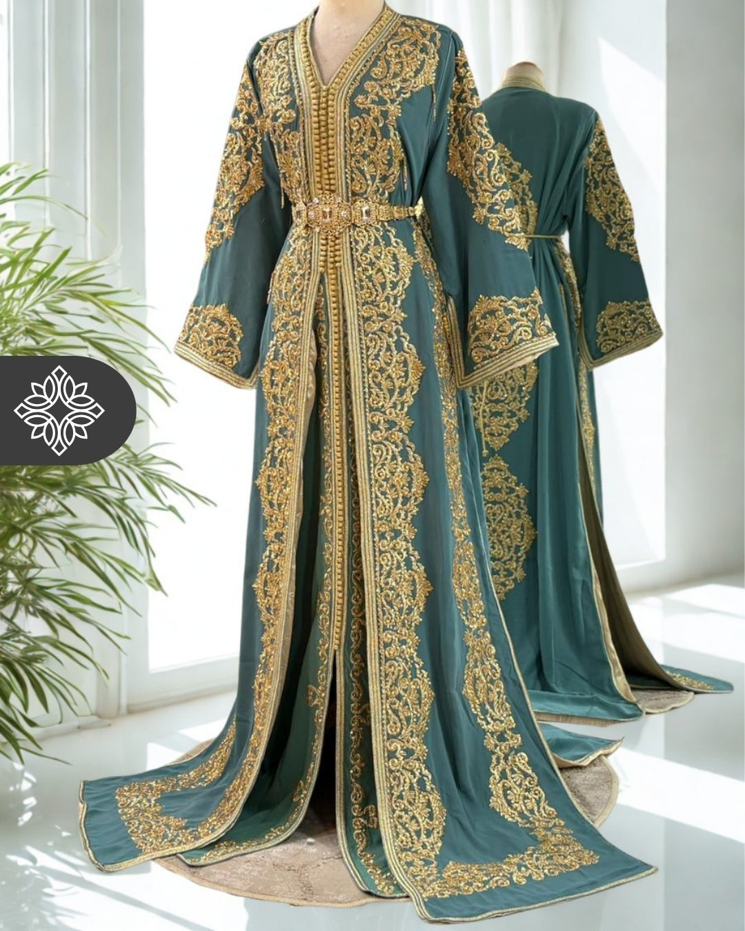 Soft Teal Green Takchita | Luxury Tonal Golden Embroidery | Moroccan Two-Piece Kaftan