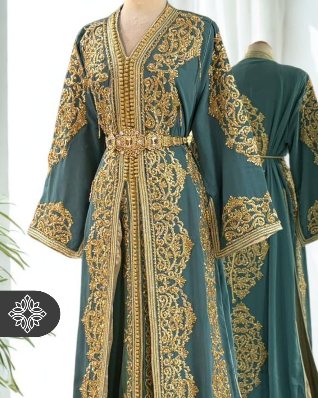 Soft Teal Green Takchita | Luxury Tonal Golden Embroidery | Moroccan Two-Piece Kaftan