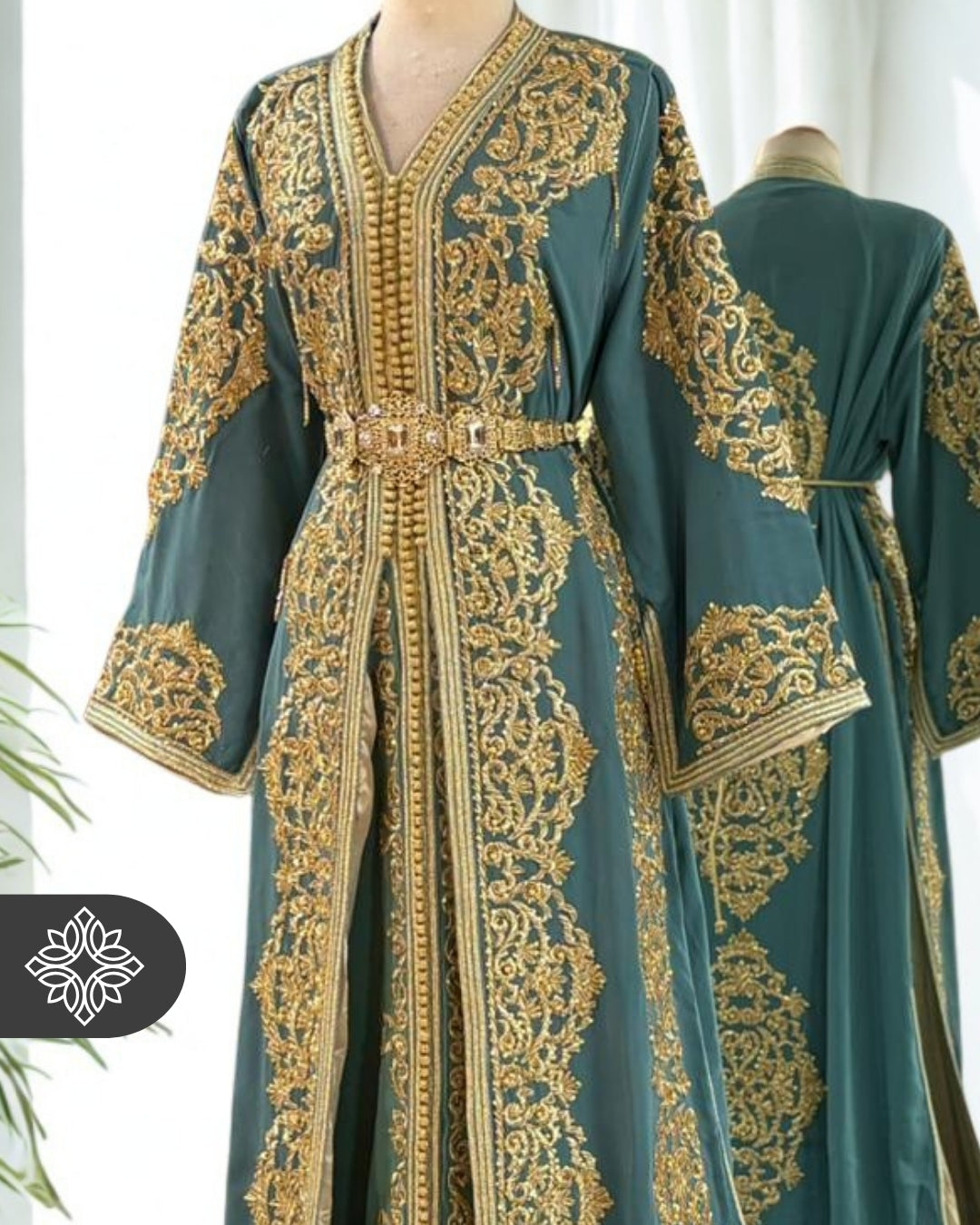 Soft Teal Green Takchita | Luxury Tonal Golden Embroidery | Moroccan Two-Piece Kaftan