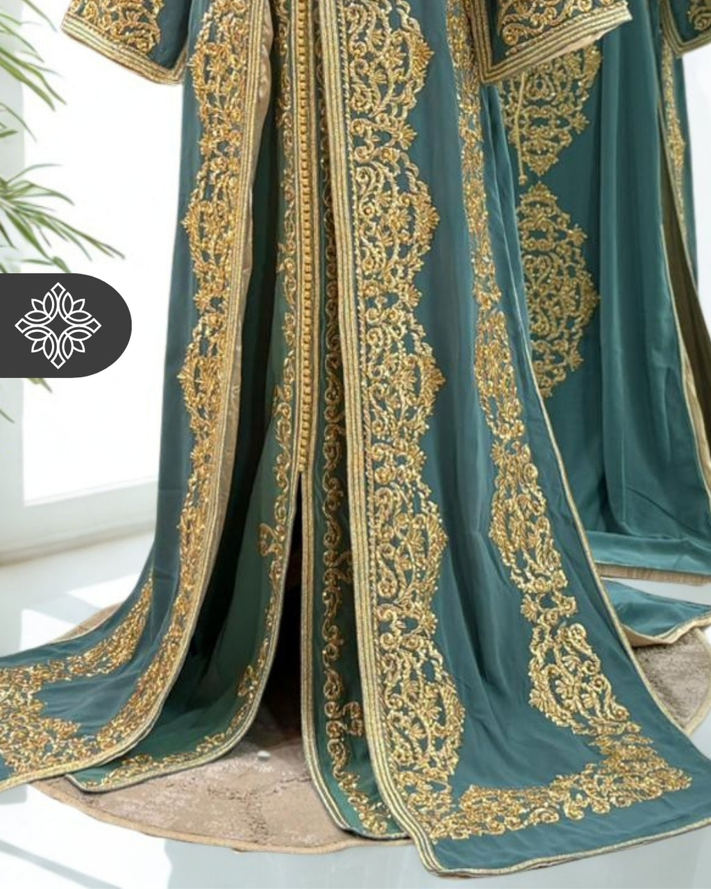 Soft Teal Green Takchita | Luxury Tonal Golden Embroidery | Moroccan Two-Piece Kaftan