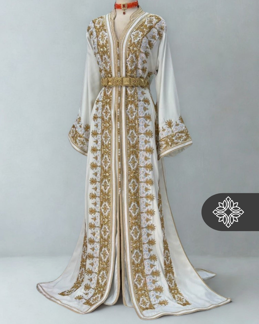 Sultana Pearl White Bridal Moroccan Takchita | Royal Two-Piece Caftan | Golden Heritage Embroidery