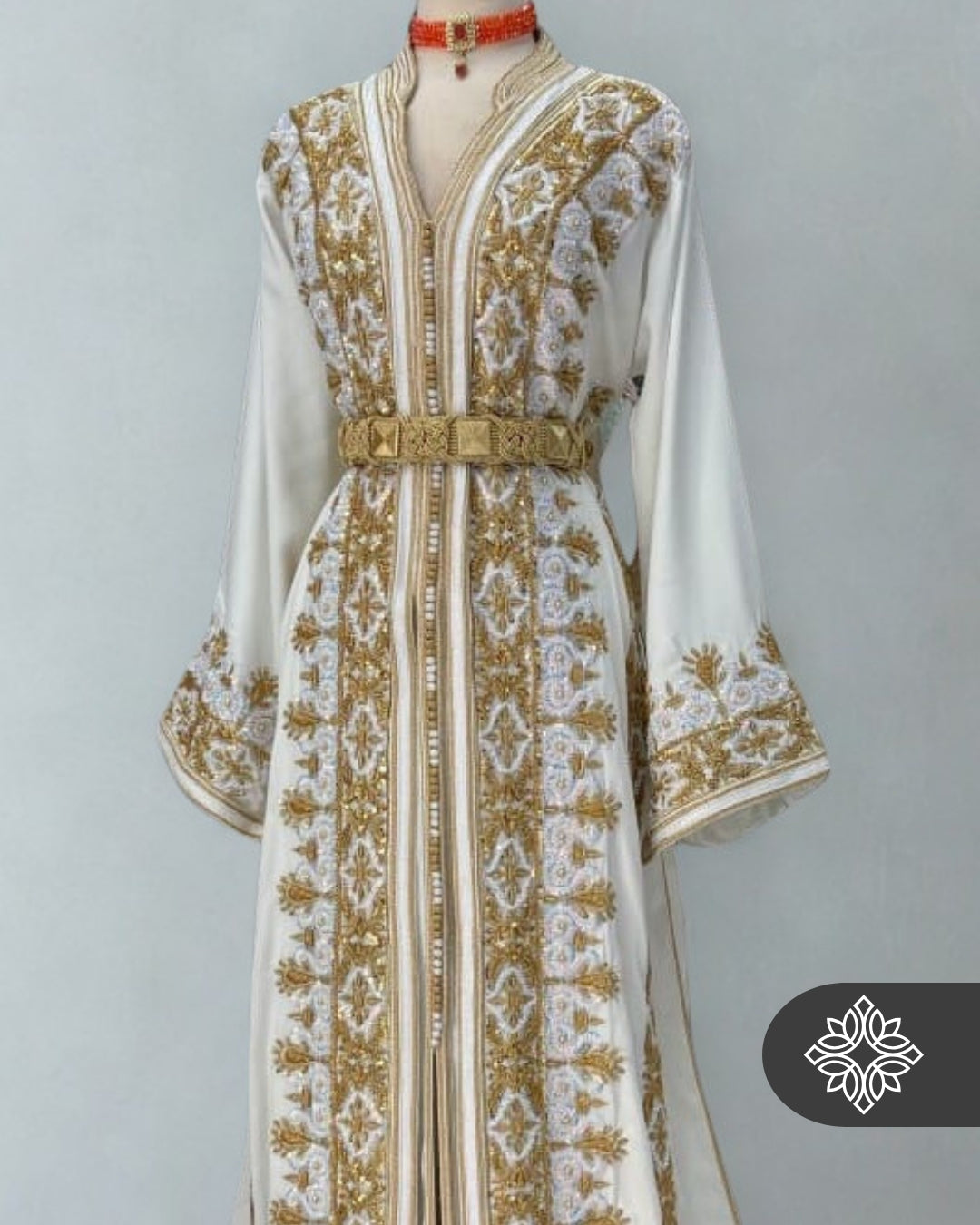Sultana Pearl White Bridal Moroccan Takchita | Royal Two-Piece Caftan | Golden Heritage Embroidery