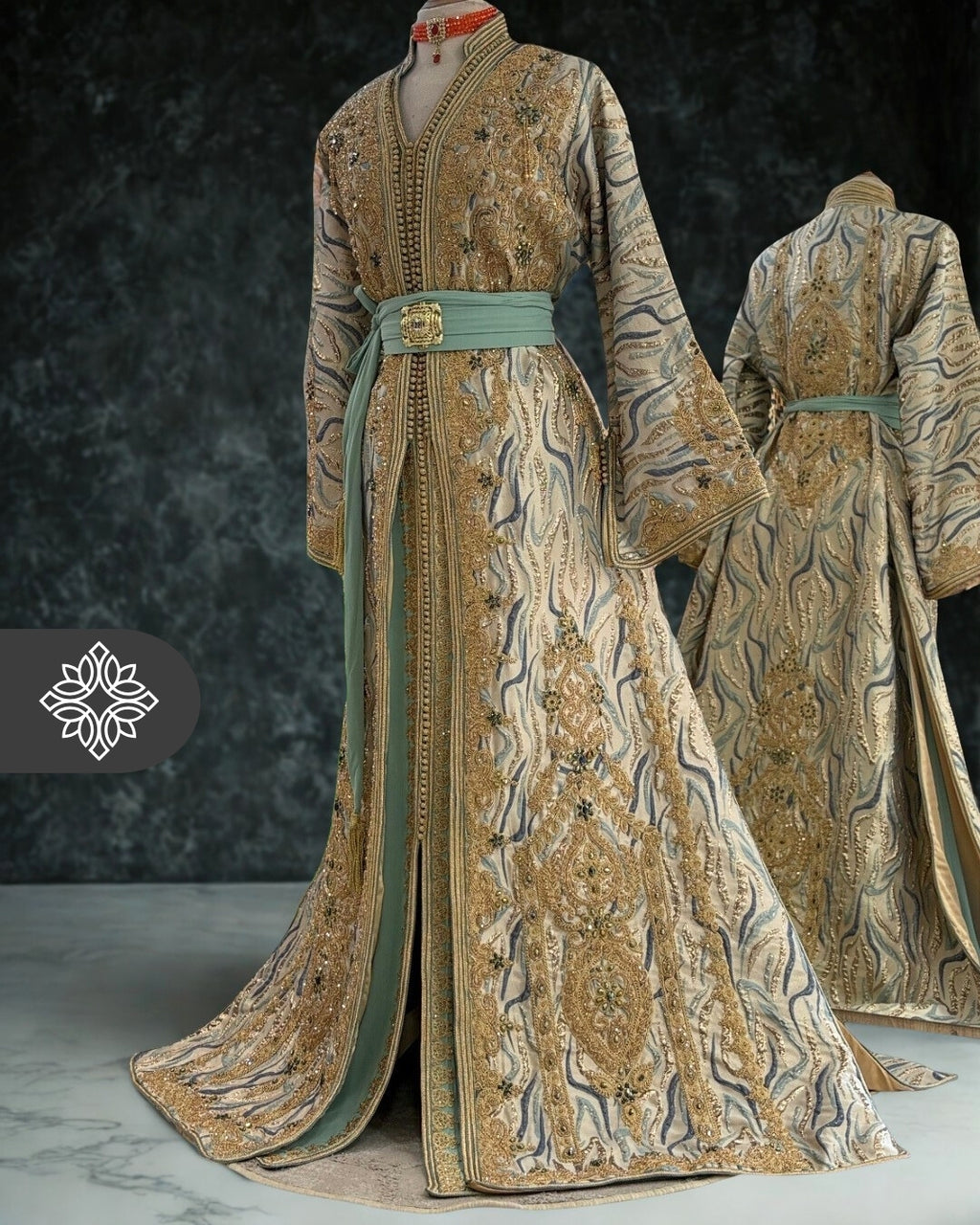Tail Light Gold Moroccan Two-Piece Takshita | Golden Tonal Embroidery | Luxury Kaftan