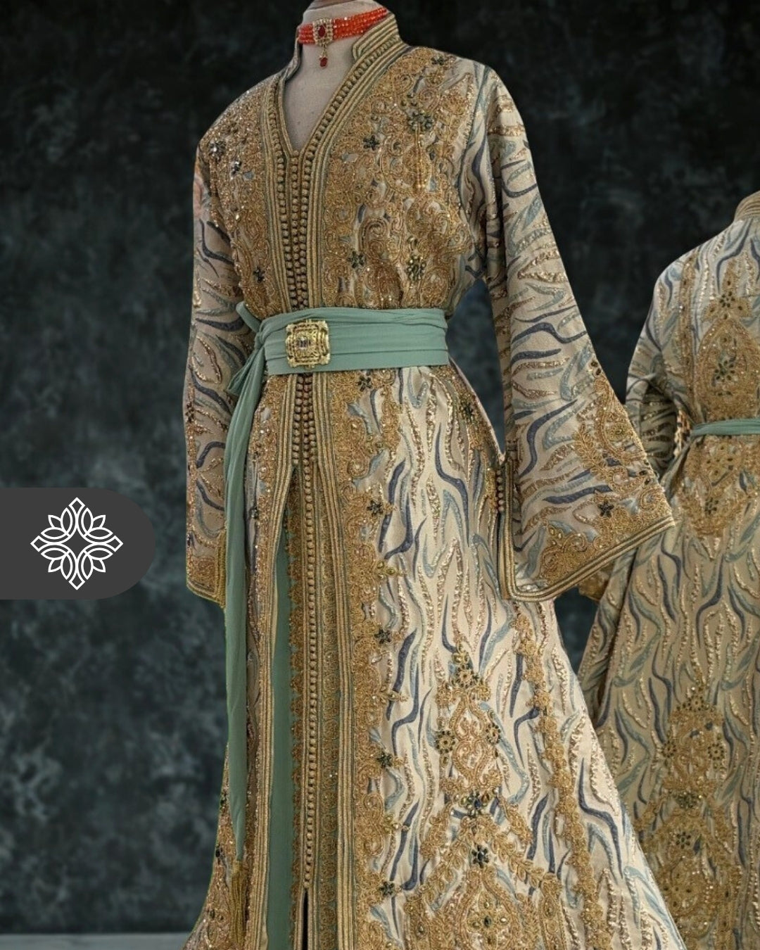 Tail Light Gold Moroccan Two-Piece Takshita | Golden Tonal Embroidery | Luxury Kaftan