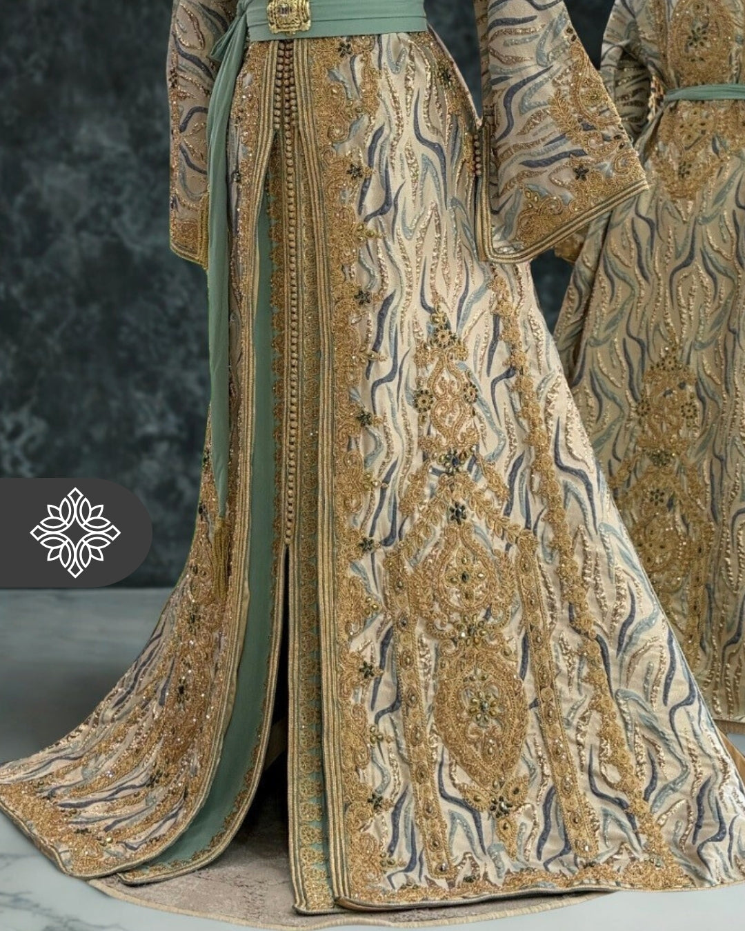 Tail Light Gold Moroccan Two-Piece Takshita | Golden Tonal Embroidery | Luxury Kaftan