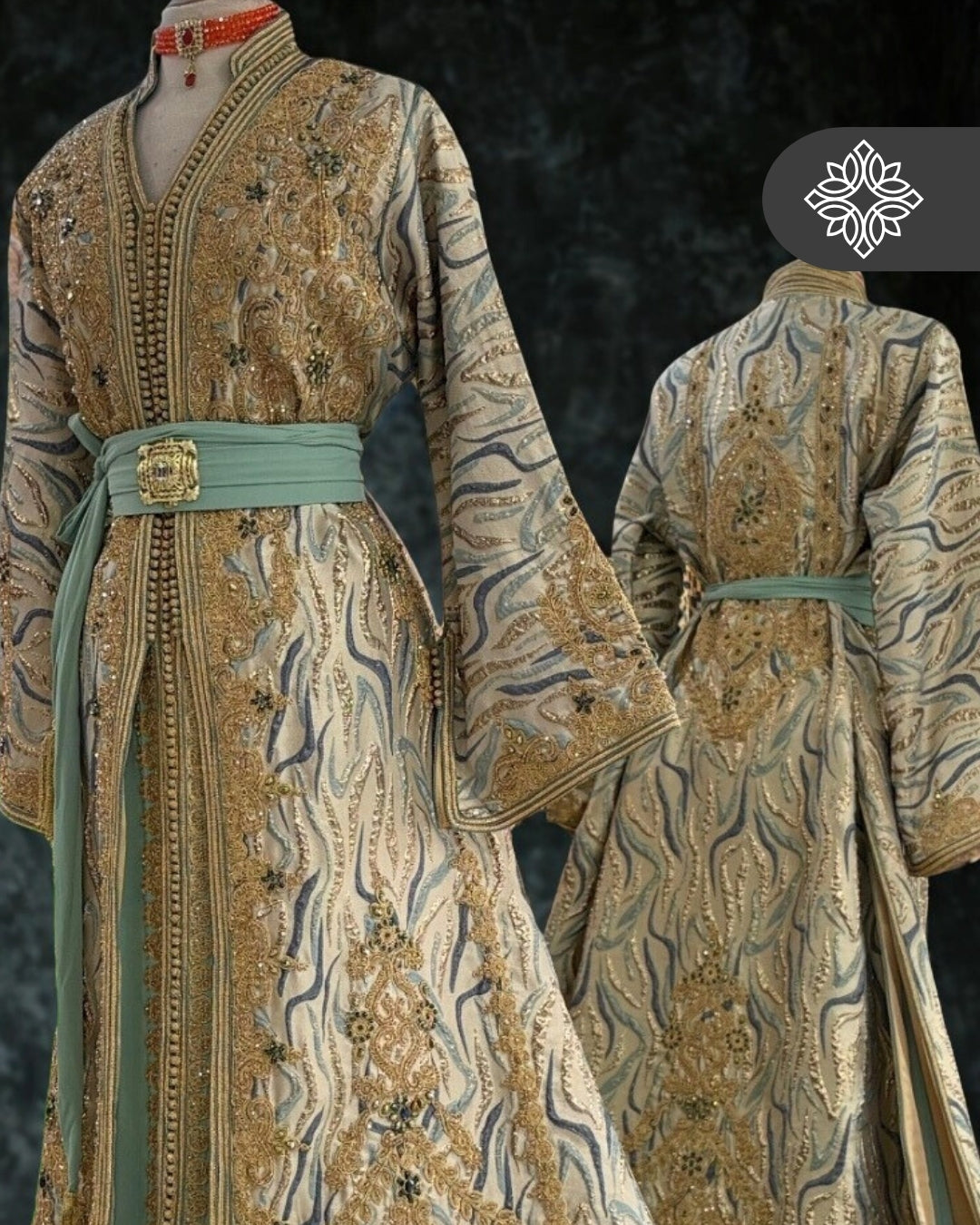 Tail Light Gold Moroccan Two-Piece Takshita | Golden Tonal Embroidery | Luxury Kaftan