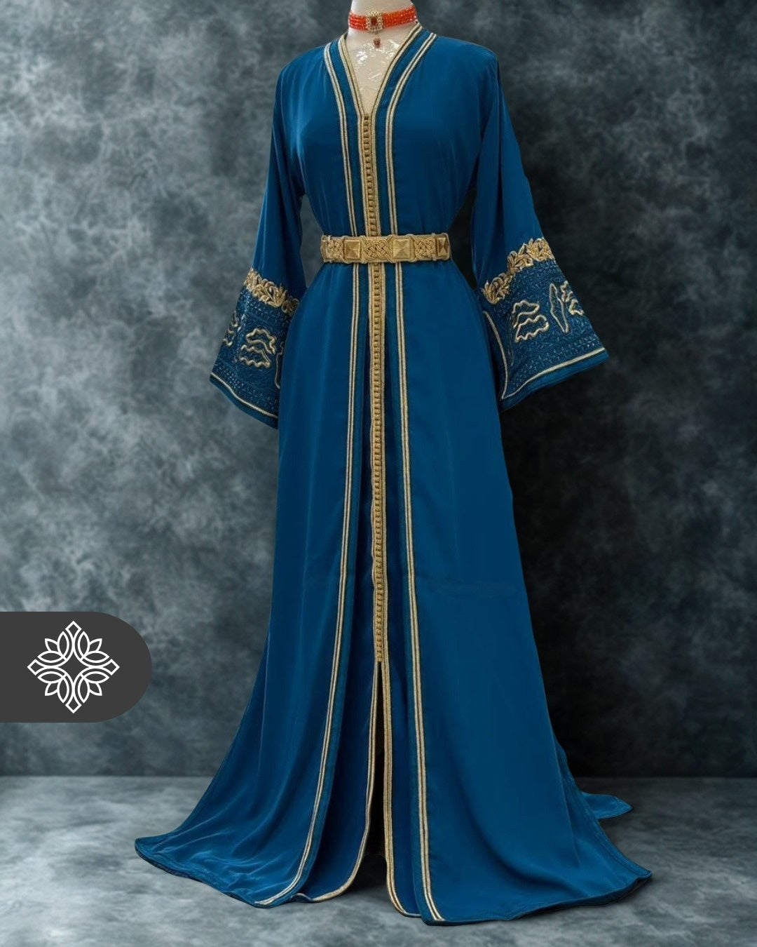 Teal Blue Moroccan Takchita | Luxury Kaftan | Golden Tonal Embroidery