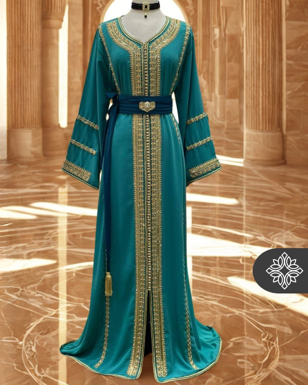 Teal Kaftan Gold Embroidery | Moroccan Abaya