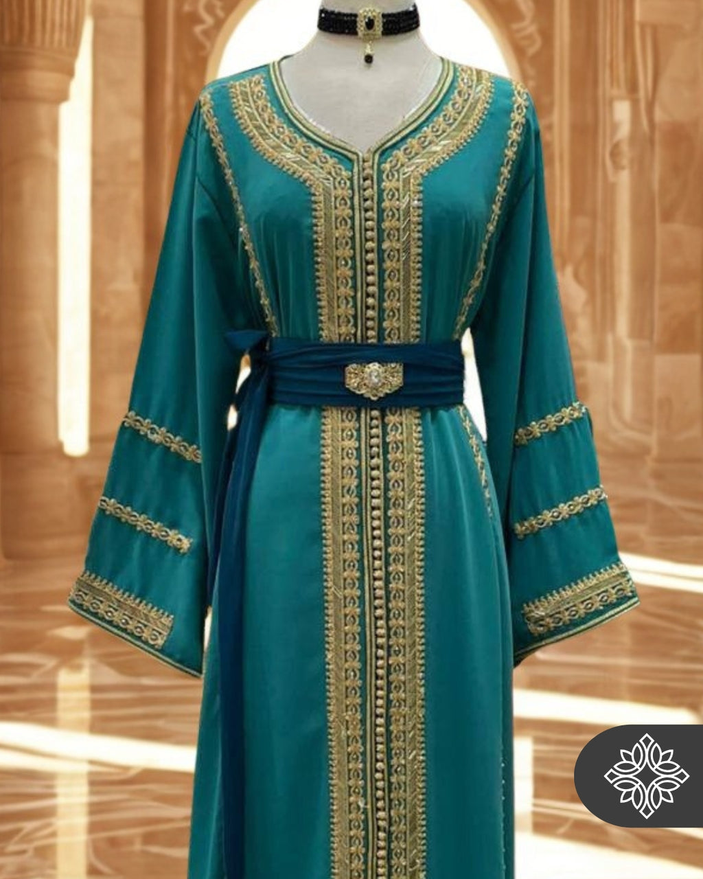 Teal Kaftan Gold Embroidery | Moroccan Abaya