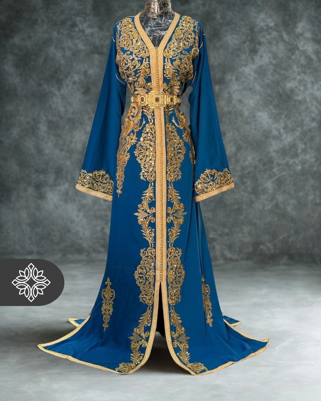 Teal Moroccan Kaftan | Luxury One-Piece Caftan | Golden Hand Embroidery