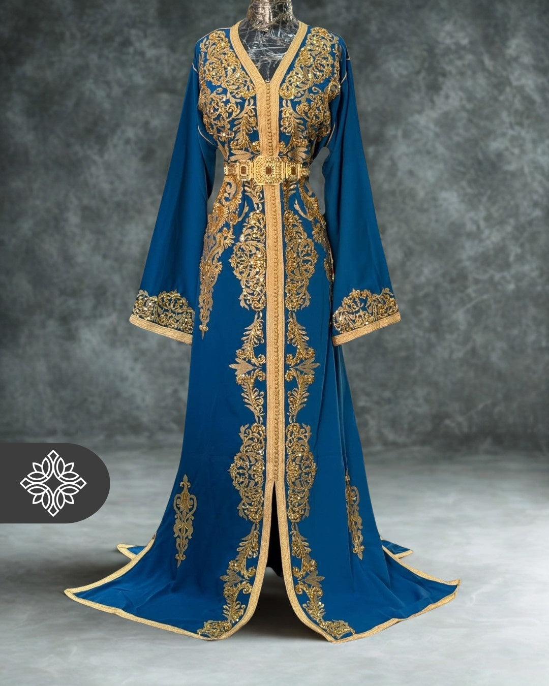 Teal Moroccan Kaftan | Luxury One-Piece Caftan | Golden Hand Embroidery