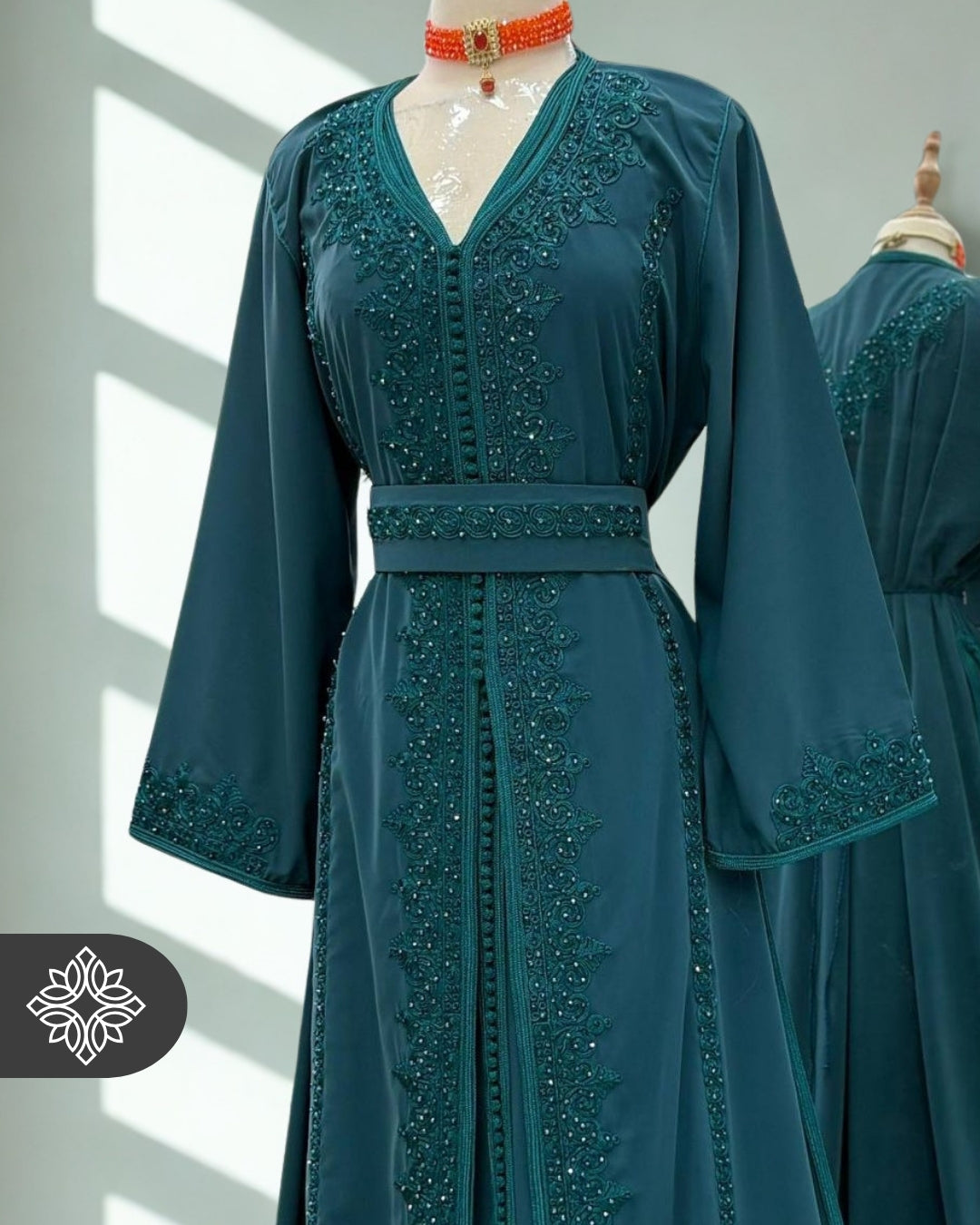 Imperial Teal Moroccan Takchita | Elegant Two-Piece Kaftan | Luminous Stone Detailing