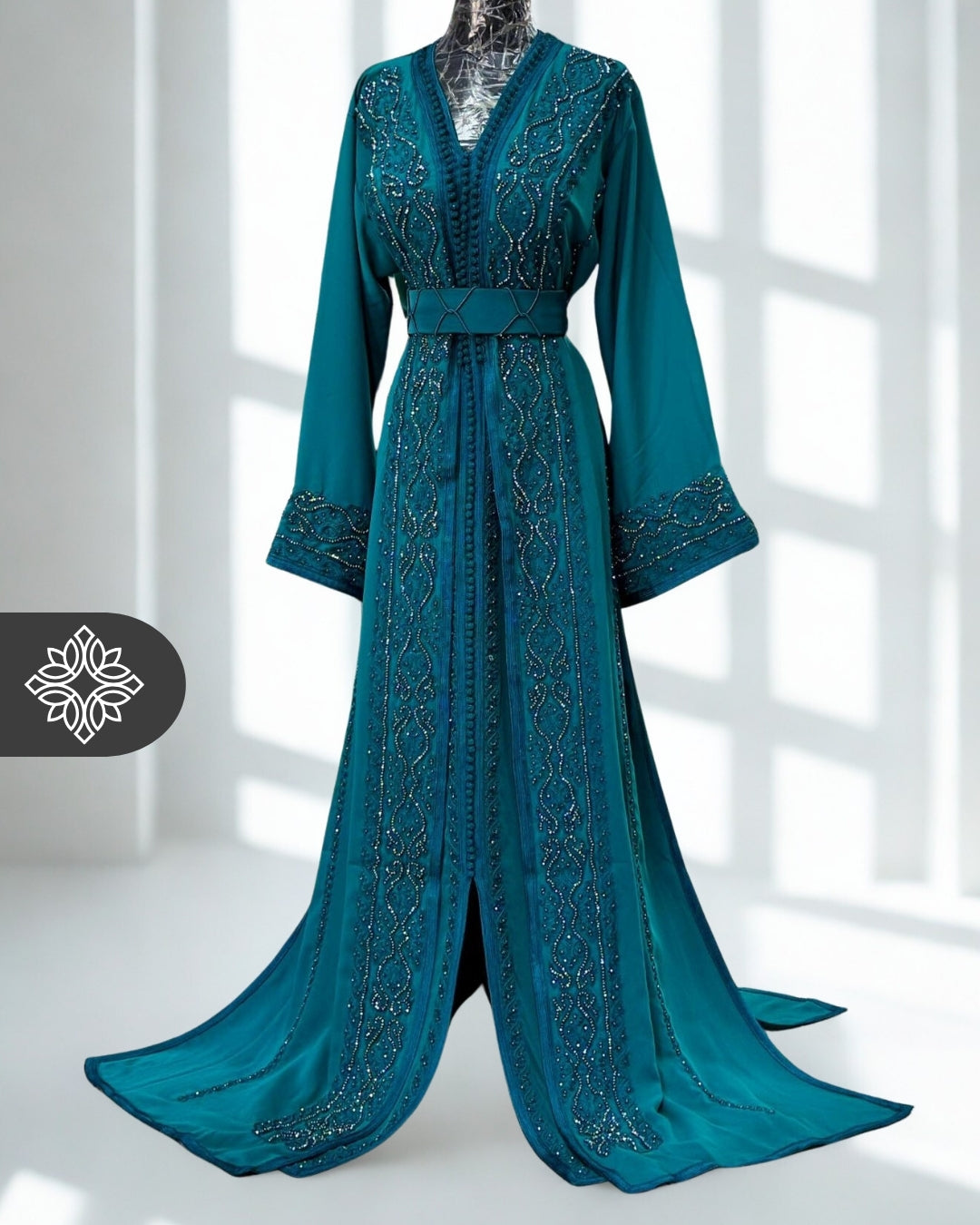 Royal Black Moroccan Takchita | Luxury Couture Two-Piece Kaftan | Tonal Embroidery & Stone Detailing