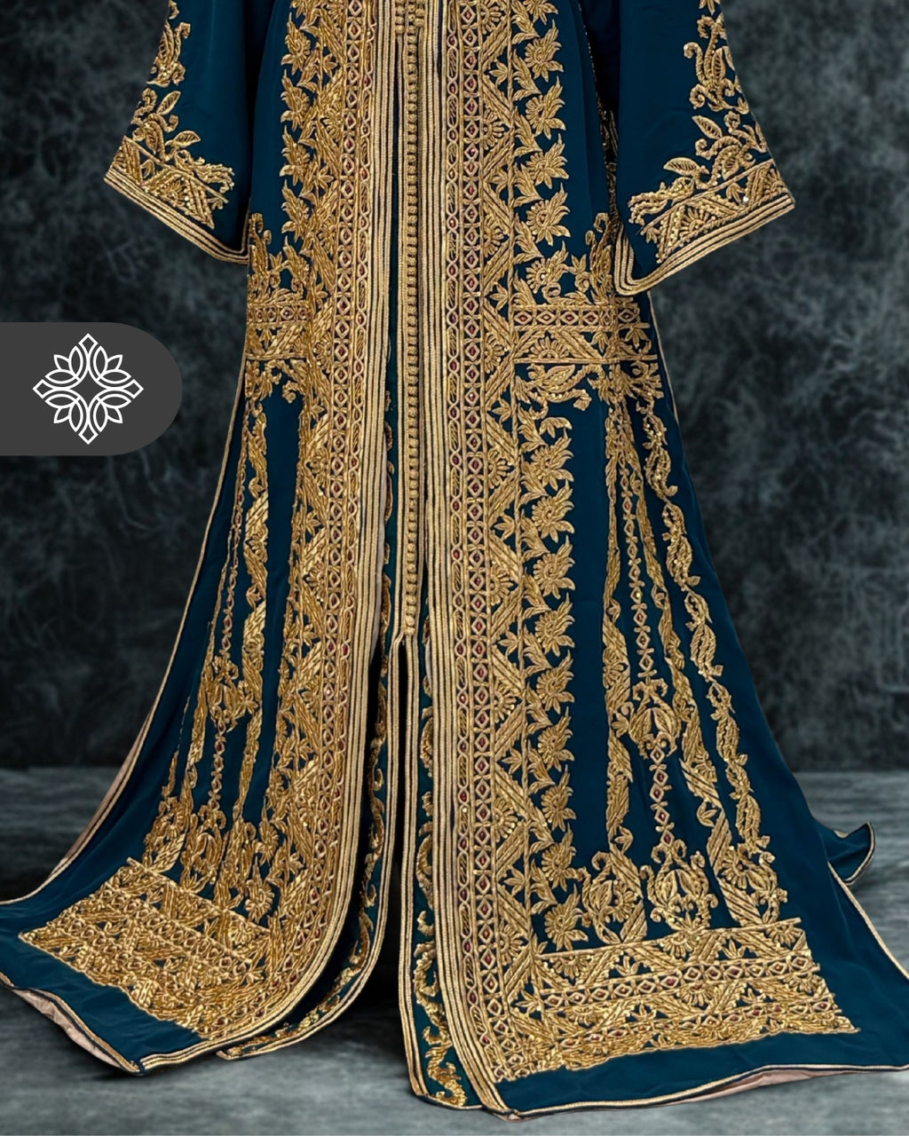 Teal Moroccan Takchita | Luxury Two-Piece Kaftan | Golden Royal Embroidery