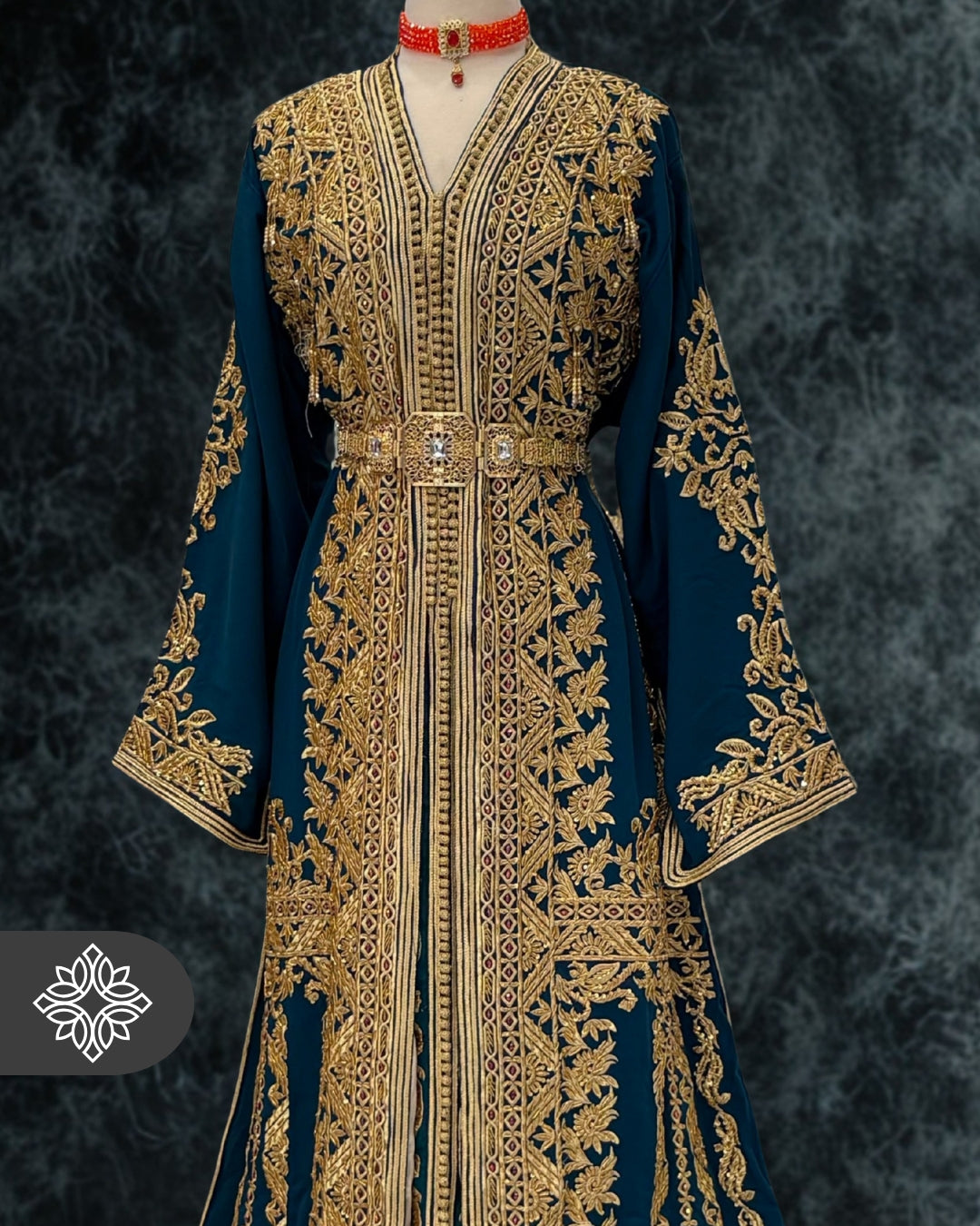Teal Moroccan Takchita | Luxury Two-Piece Kaftan | Golden Royal Embroidery