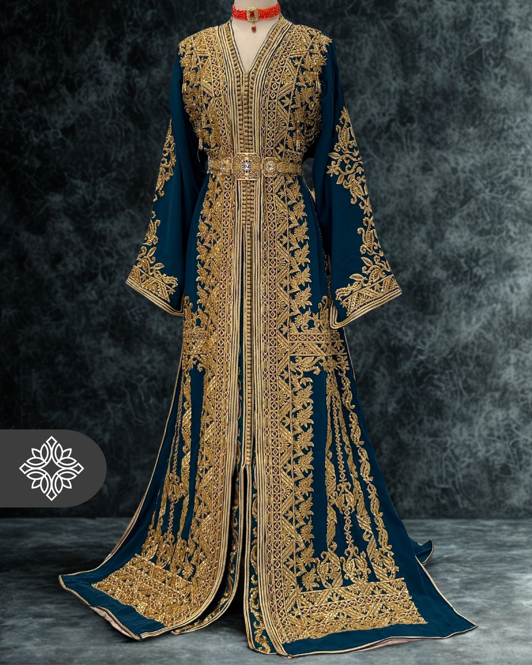 Teal Moroccan Takchita | Luxury Two-Piece Kaftan | Golden Royal Embroidery