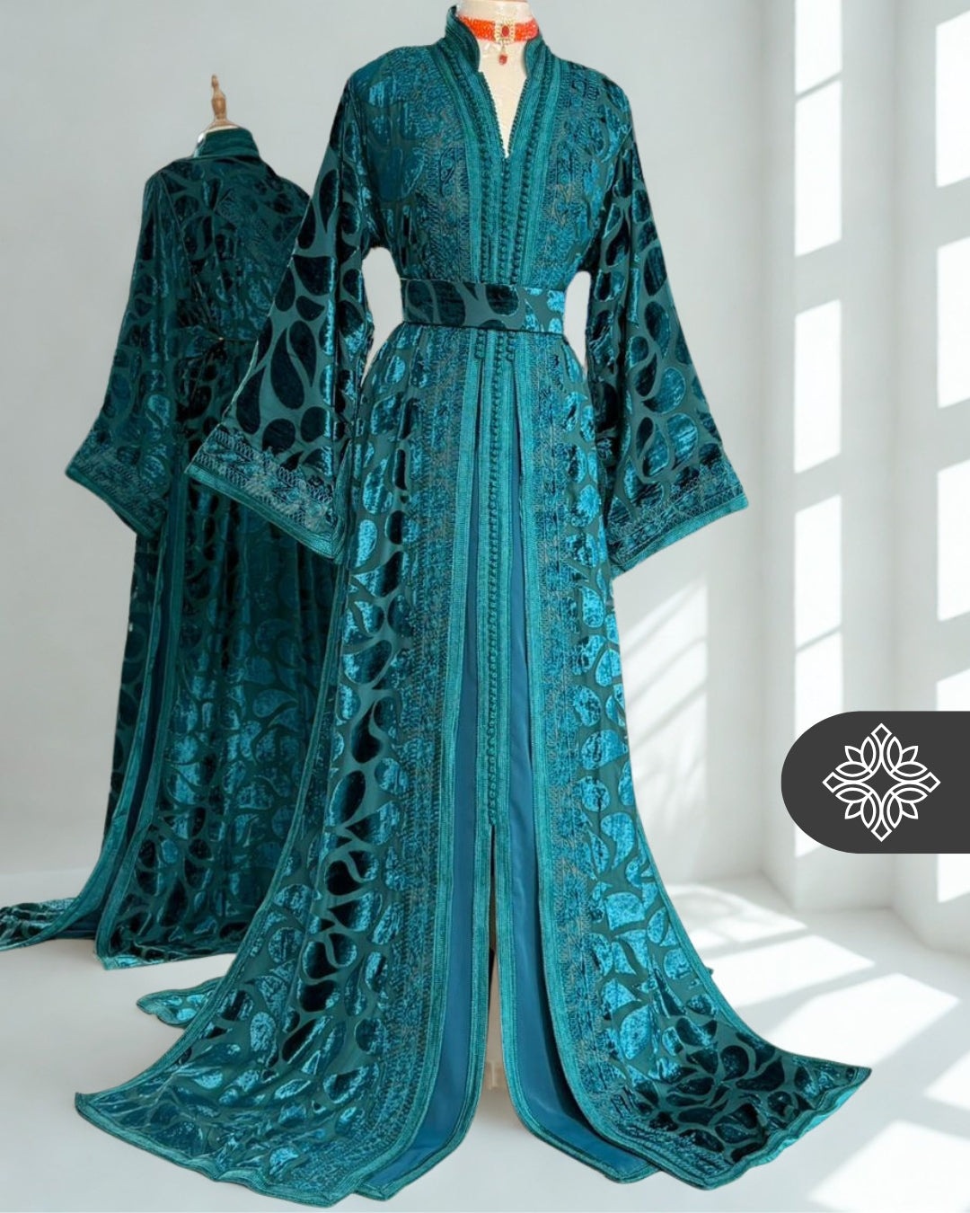 Teal Moroccan Takchita | Luxury Two-Piece Kaftan | Tonal Embroidery