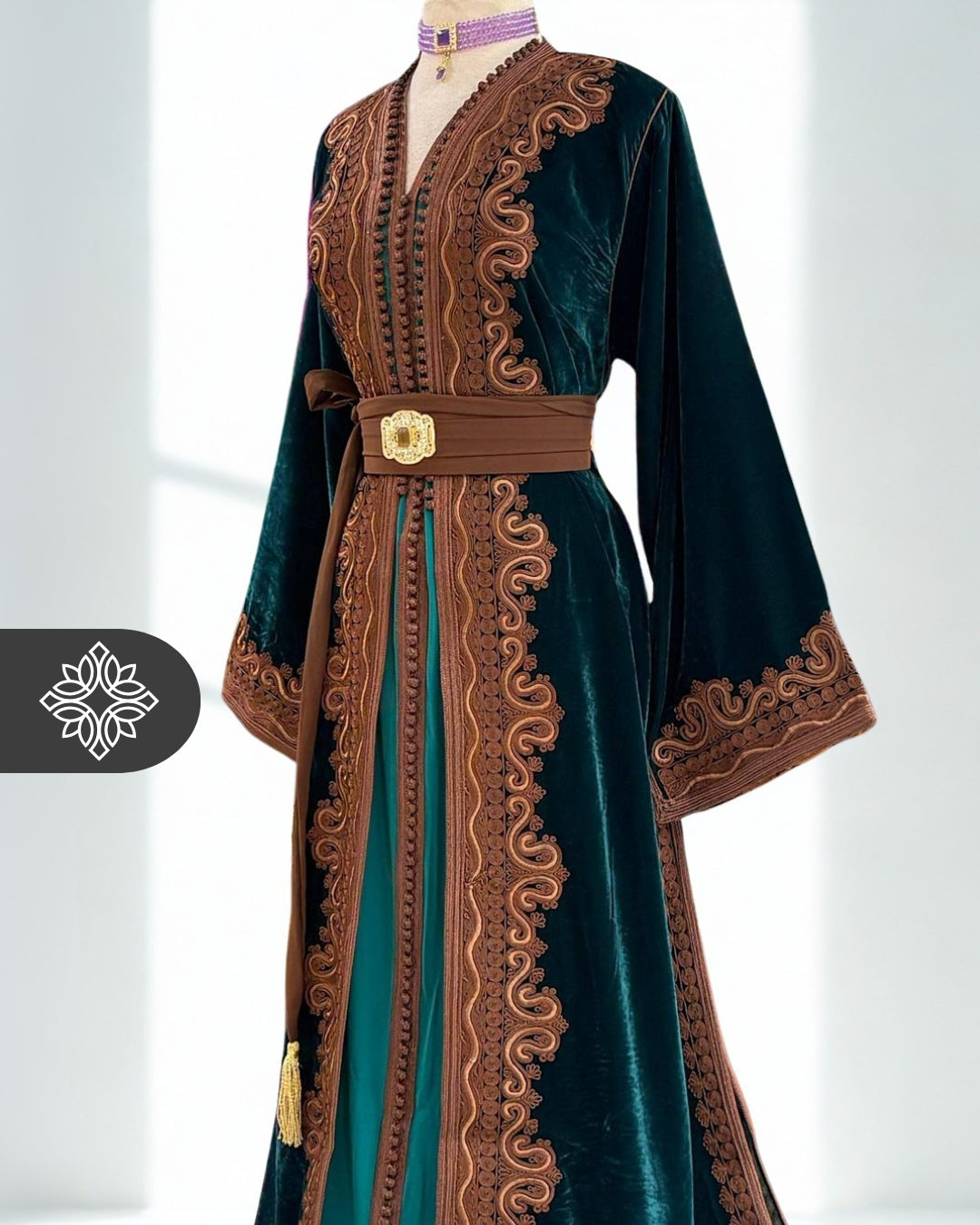 Fuchsia Pink Moroccan Two-Piece Kaftan | Brown Tonal Embroidery | Elegant Takchita