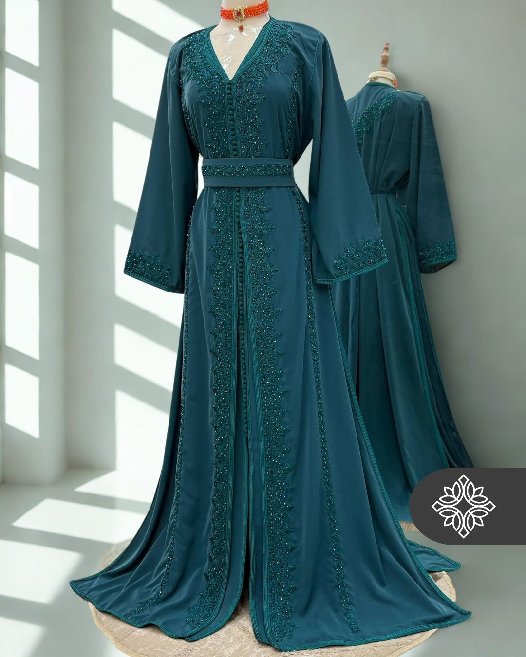 Imperial Teal Moroccan Takchita | Elegant Two-Piece Kaftan | Luminous Stone Detailing