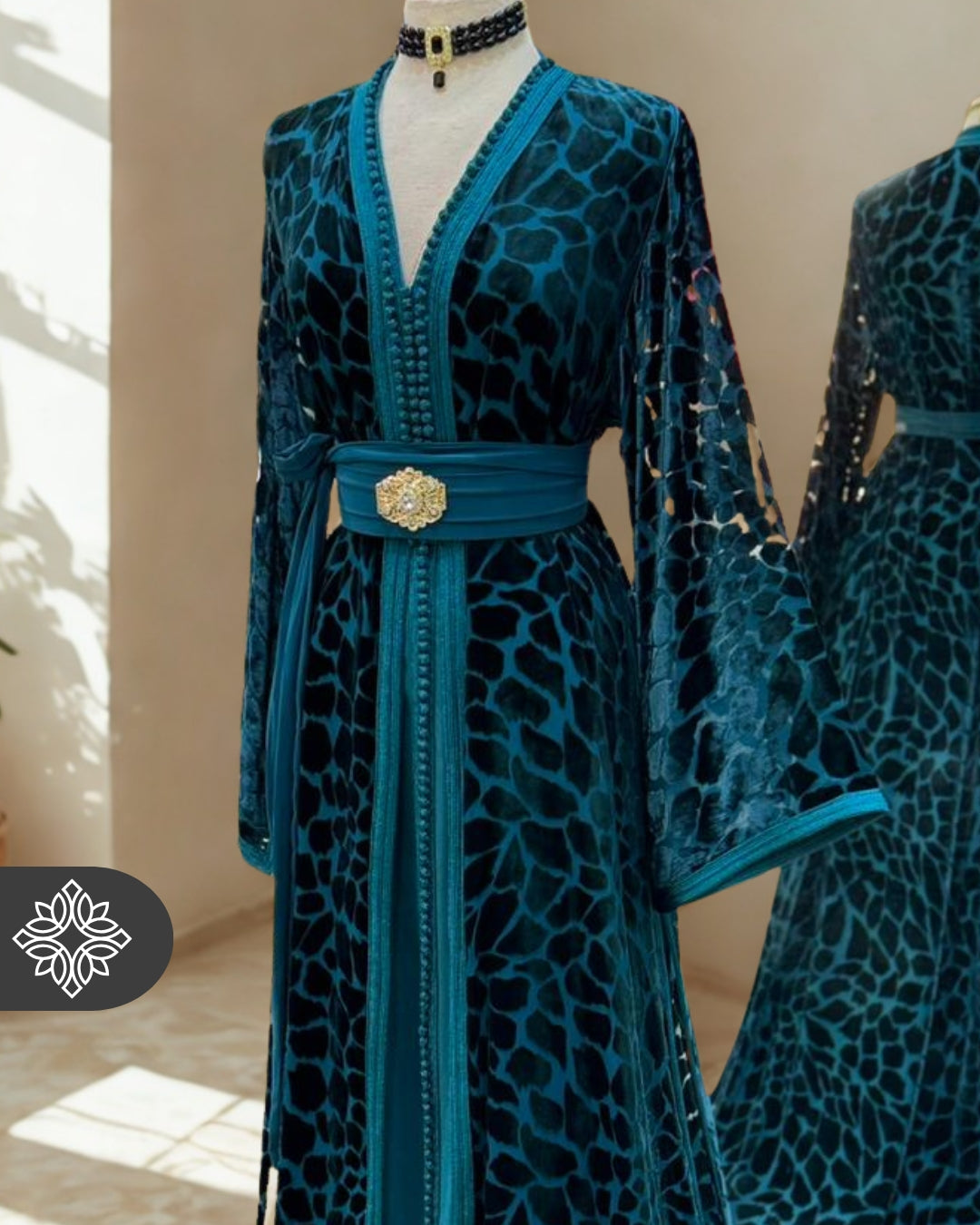 The Ethereal Bloom Velvet Kaftan — Navy Blue | Handmade Robe Orientale Takchita Marocaine