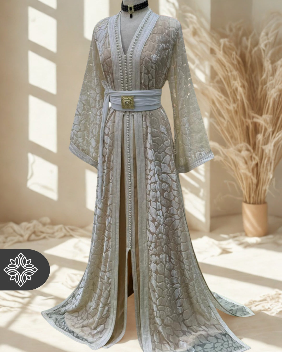The Ethereal Bloom Velvet Kaftan — Celestial White | Handmade Robe Orientale Takchita Marocaine