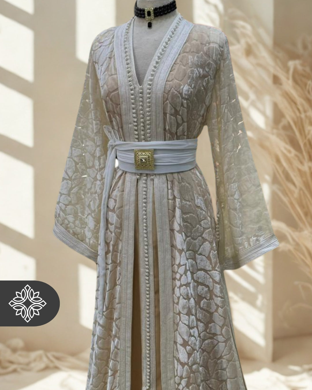 The Ethereal Bloom Velvet Kaftan — Celestial White | Handmade Robe Orientale Takchita Marocaine