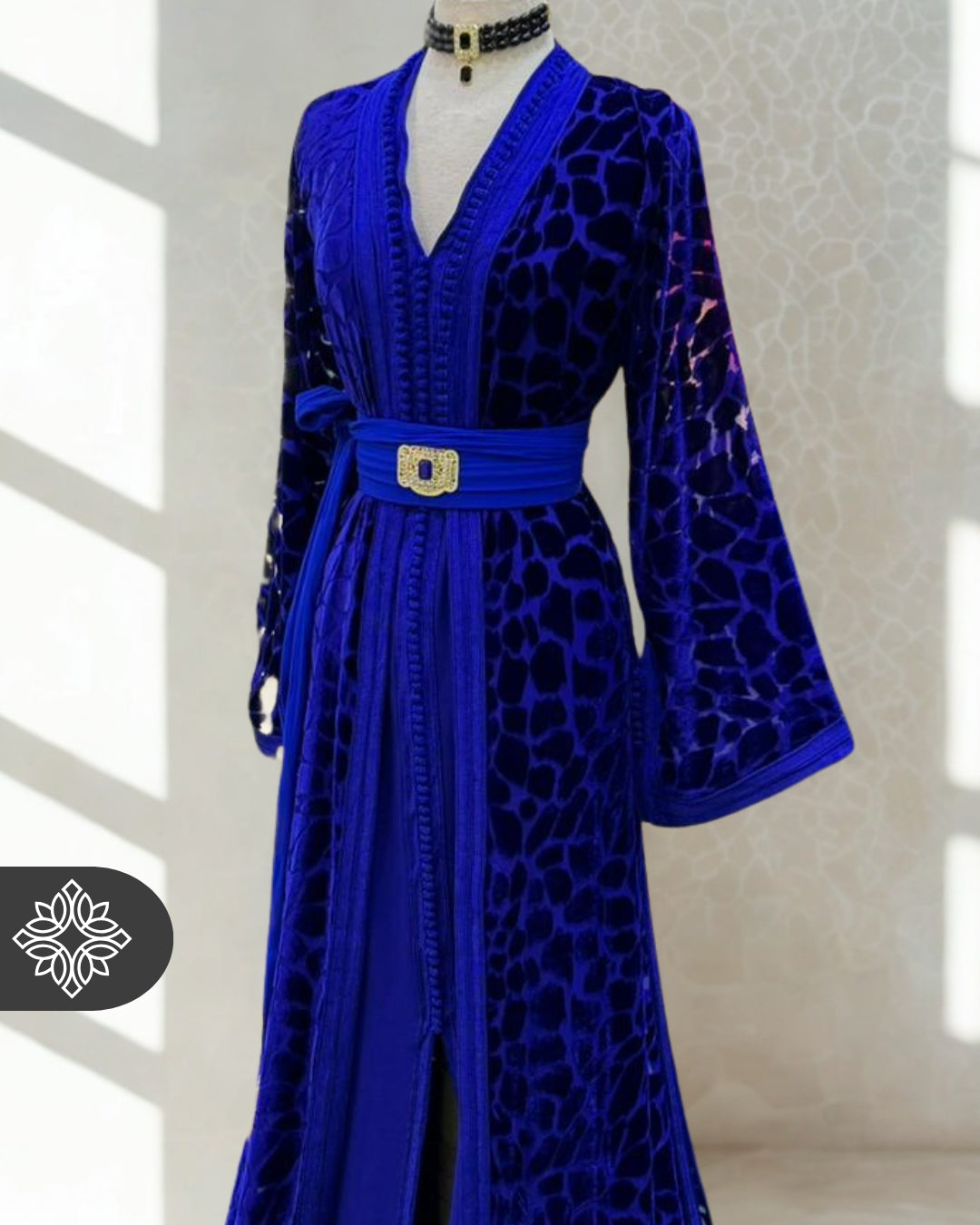 The Ethereal Bloom Velvet Kaftan — Navy Blue | Handmade Robe Orientale Takchita Marocaine