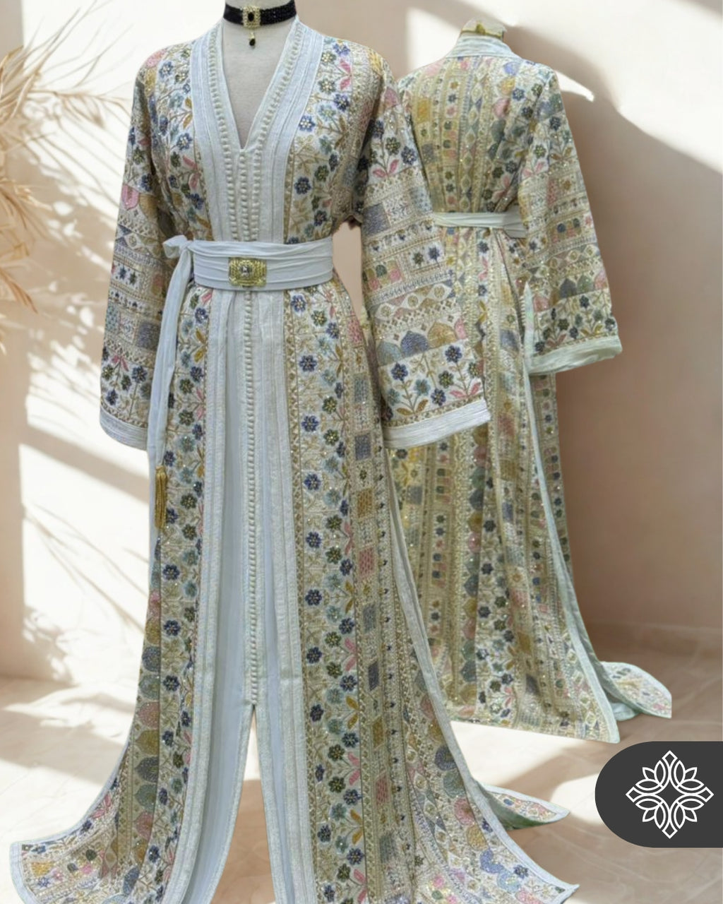 The Mosaic Garden Kaftan — Azure Mist | Handmade Moroccan Takchita with Floral Embroidery