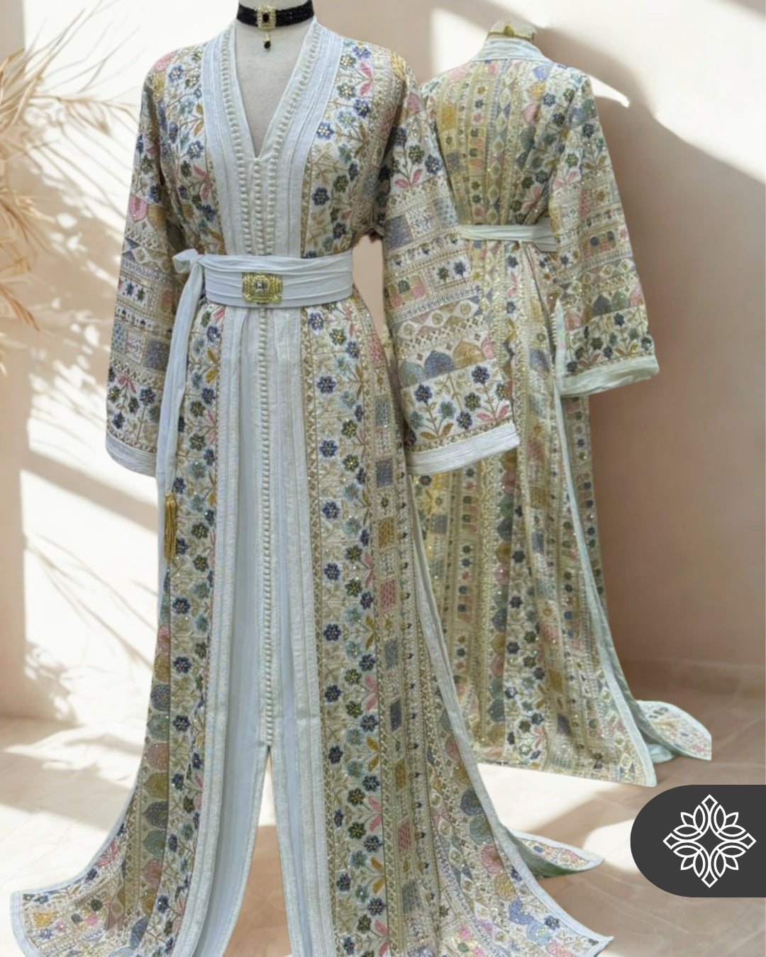 The Mosaic Garden Kaftan — Azure Mist | Handmade Moroccan Takchita with Floral Embroidery