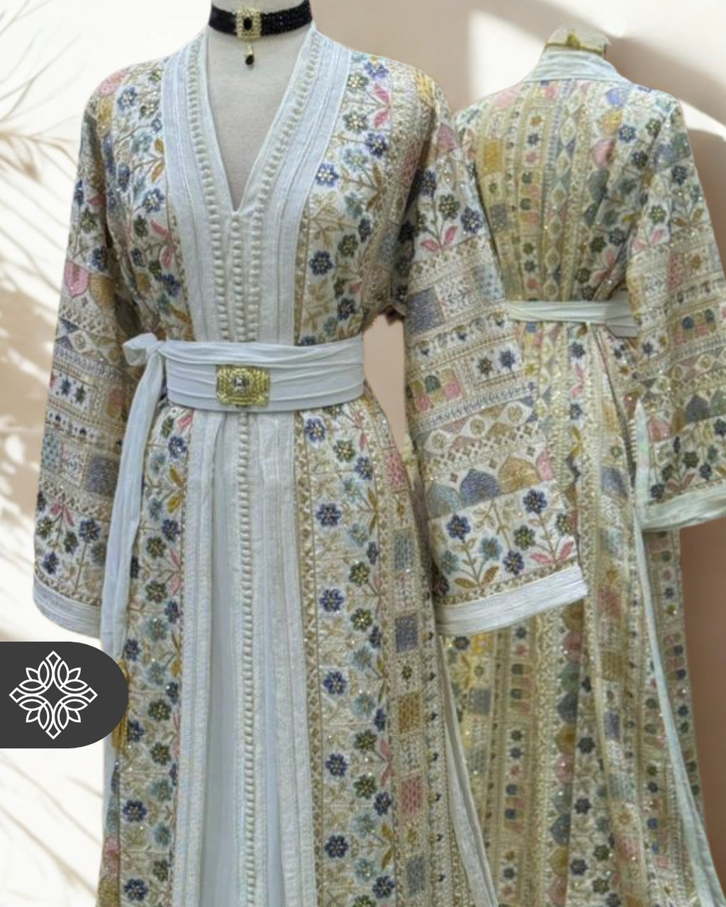 The Mosaic Garden Kaftan — Azure Mist | Handmade Moroccan Takchita with Floral Embroidery