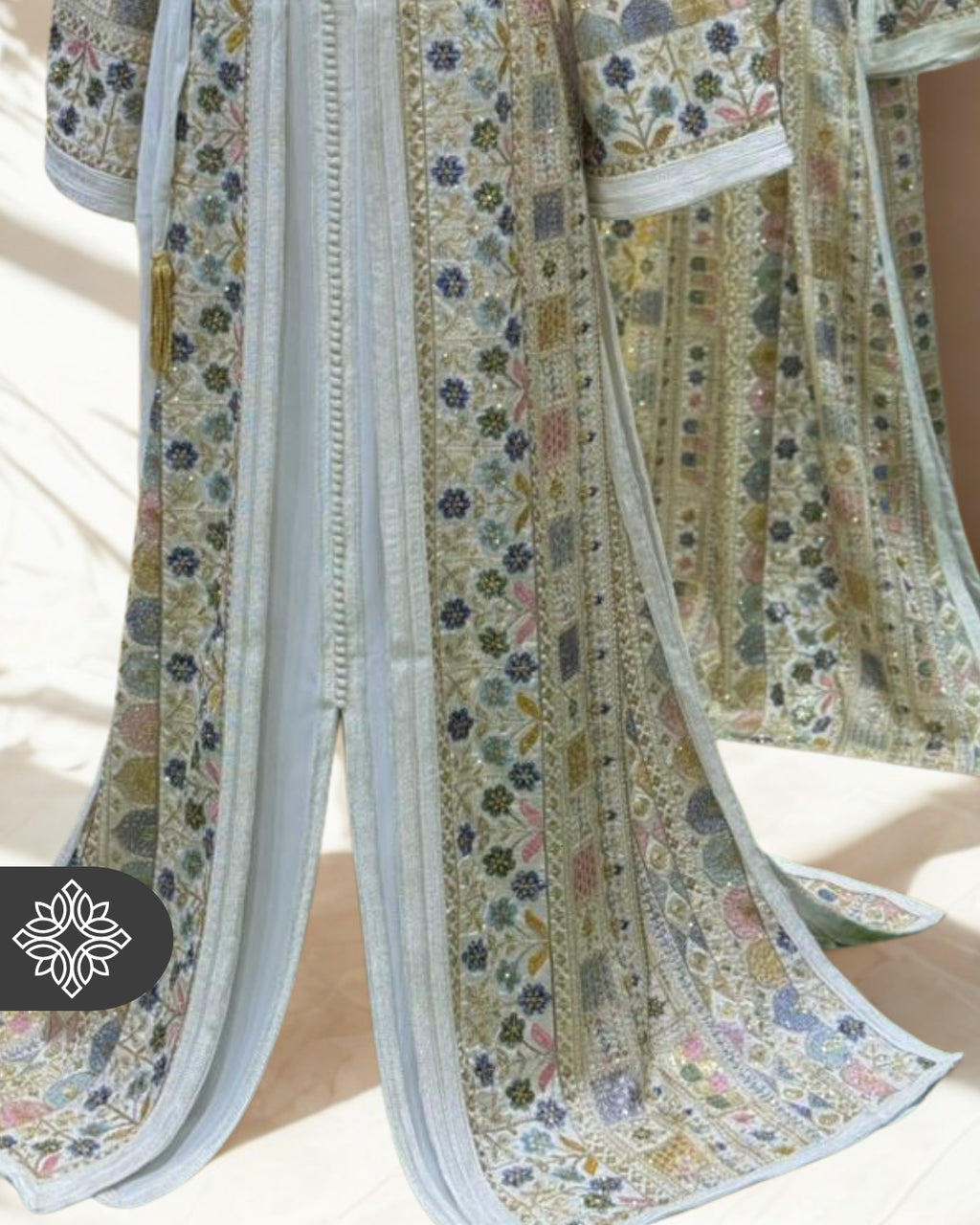 The Mosaic Garden Kaftan — Azure Mist | Handmade Moroccan Takchita with Floral Embroidery