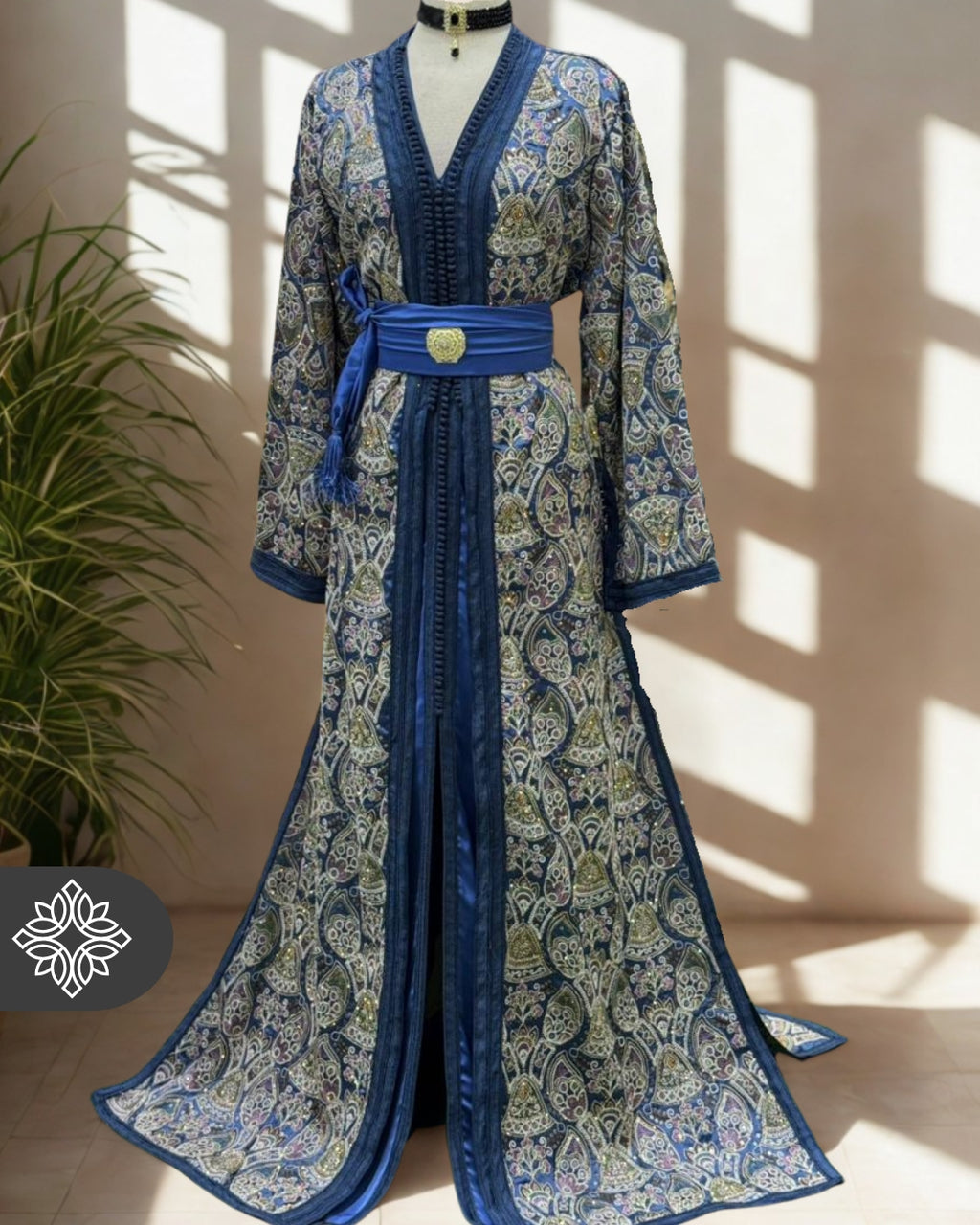 The "Mosaic Garden" Kaftan — Indigo Paisley | Embellished Moroccan Robe for Evening Wear