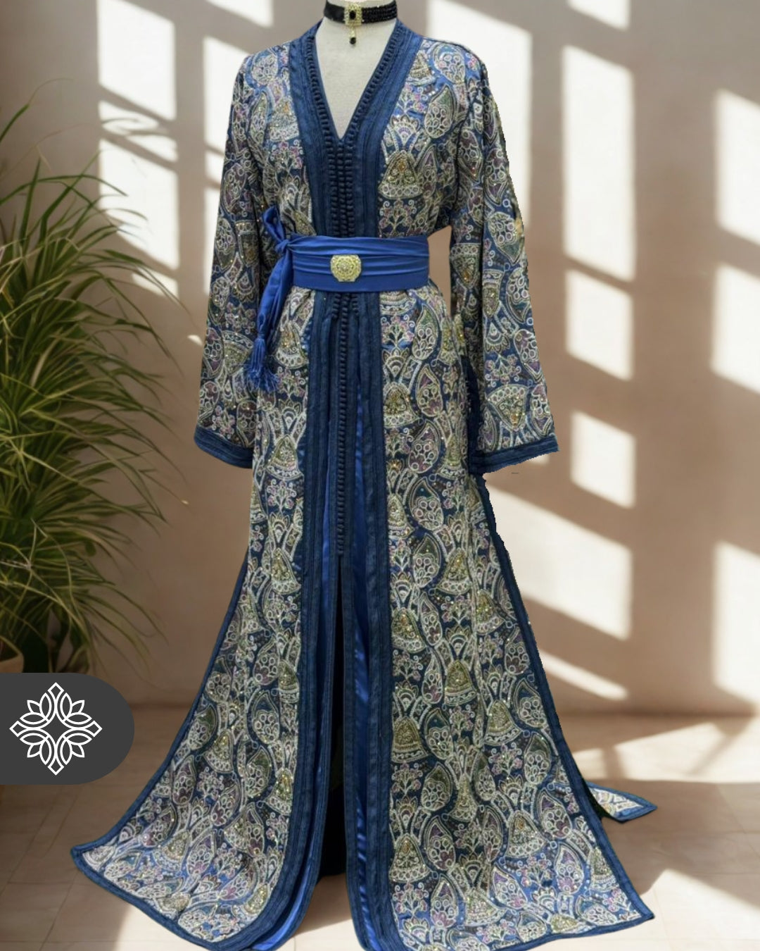 The "Mosaic Garden" Kaftan — Indigo Paisley | Embellished Moroccan Robe for Evening Wear