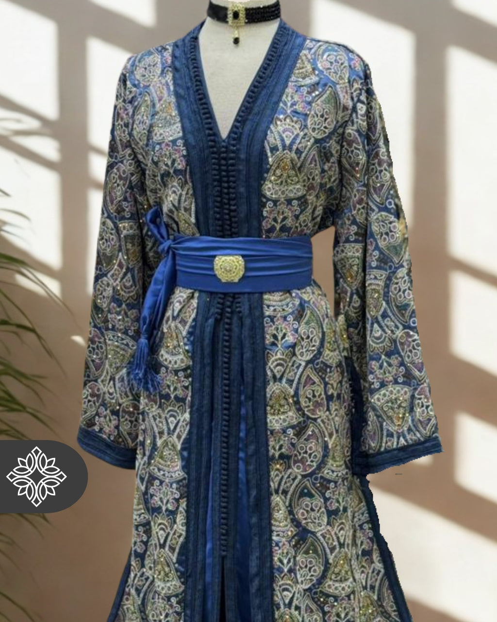 The "Mosaic Garden" Kaftan — Indigo Paisley | Embellished Moroccan Robe for Evening Wear