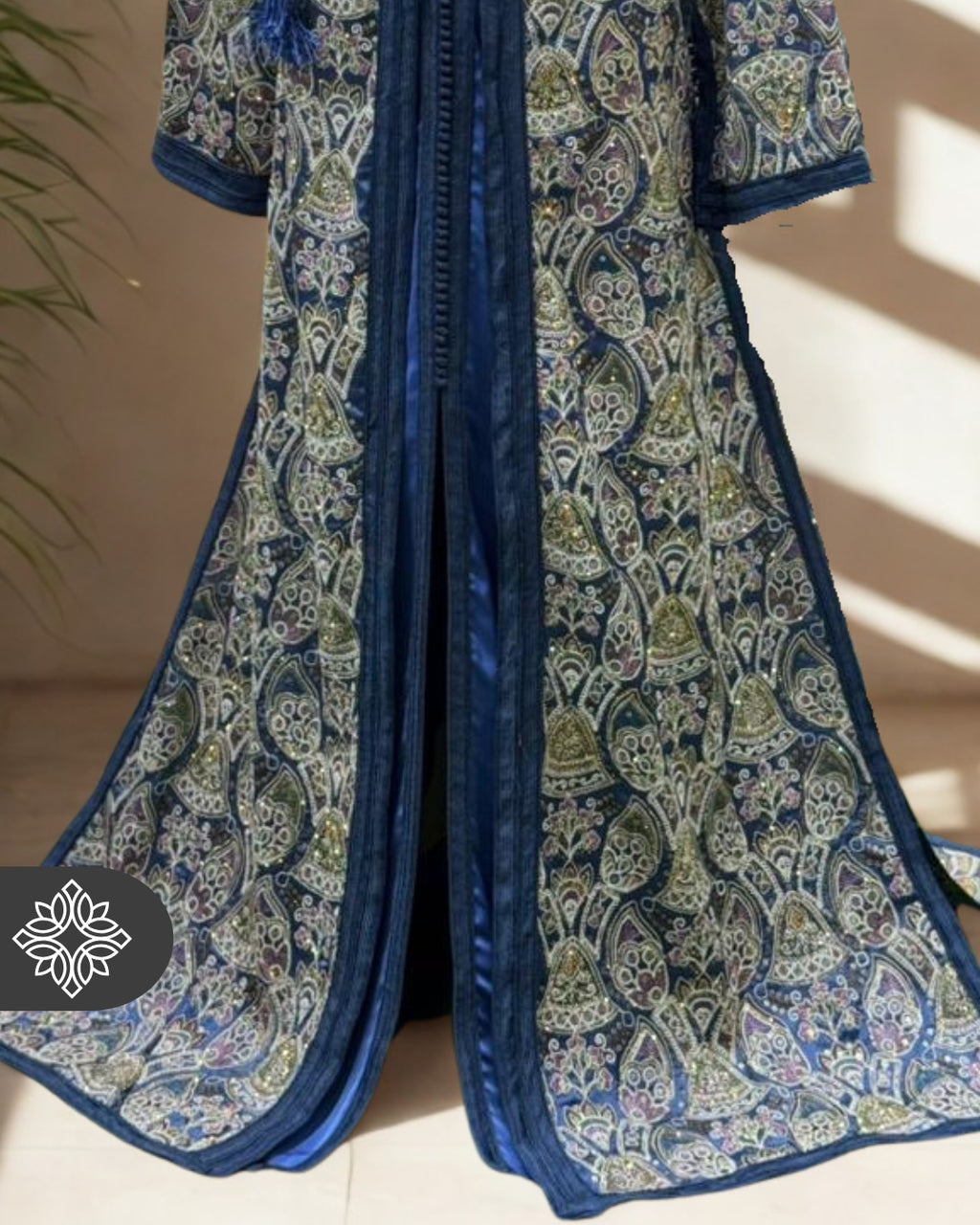 The "Mosaic Garden" Kaftan — Indigo Paisley | Embellished Moroccan Robe for Evening Wear