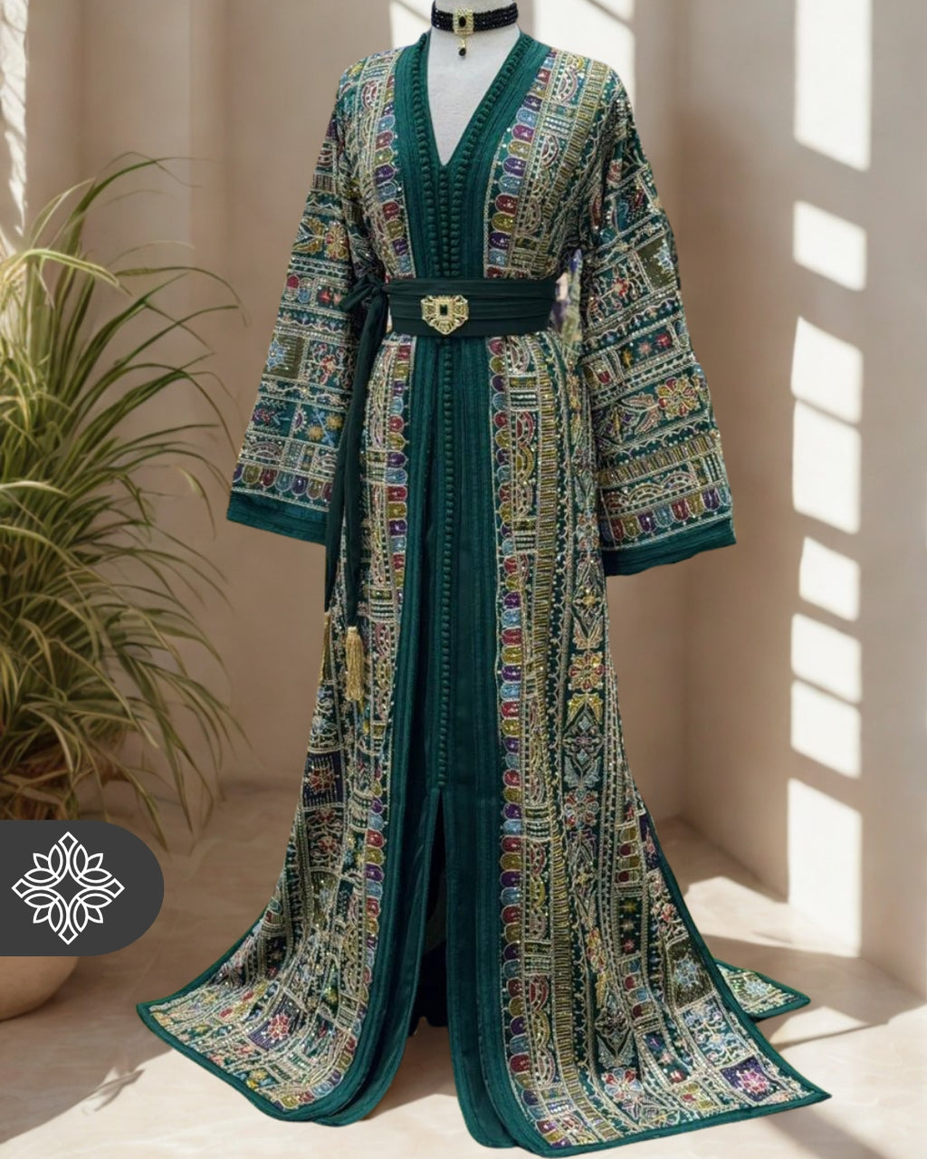 The "Mosaic Garden" Kaftan — Royal Emerald | Artisan Moroccan Kaftan with Gold Embroidery