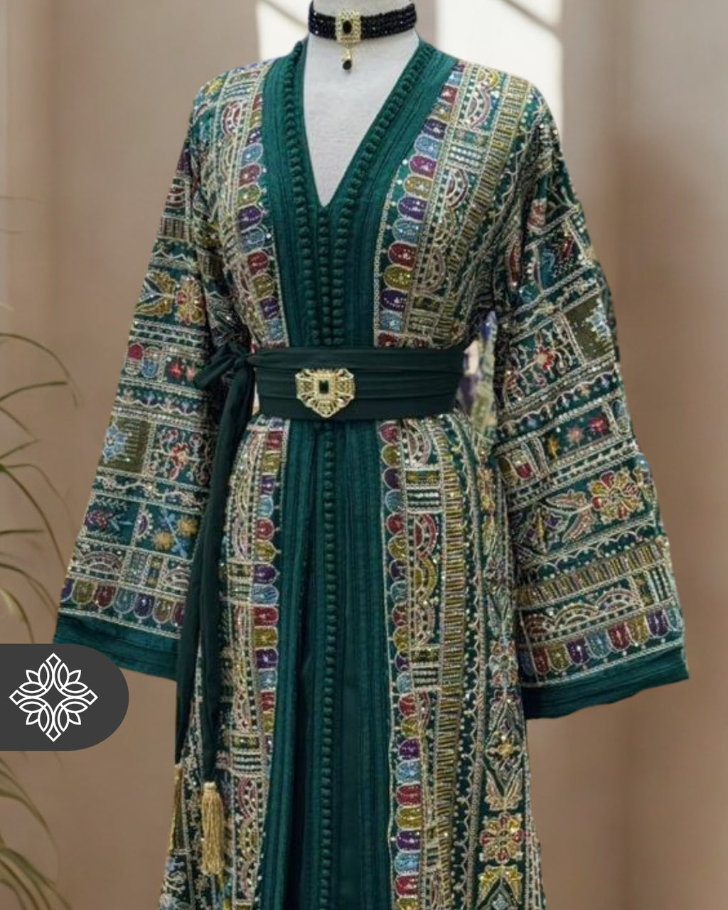 The "Mosaic Garden" Kaftan — Royal Emerald | Artisan Moroccan Kaftan with Gold Embroidery