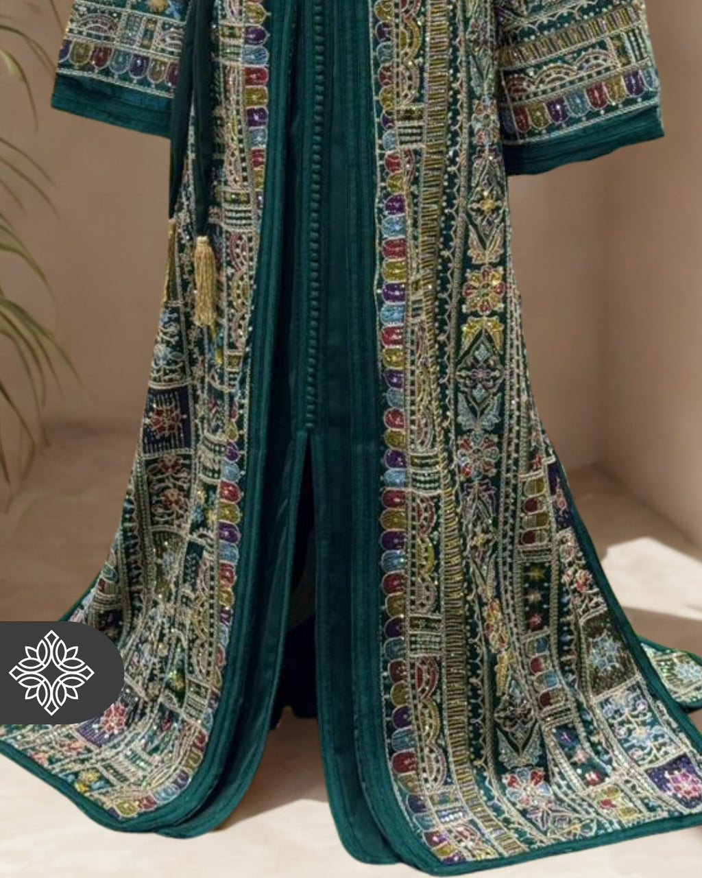 The "Mosaic Garden" Kaftan — Royal Emerald | Artisan Moroccan Kaftan with Gold Embroidery