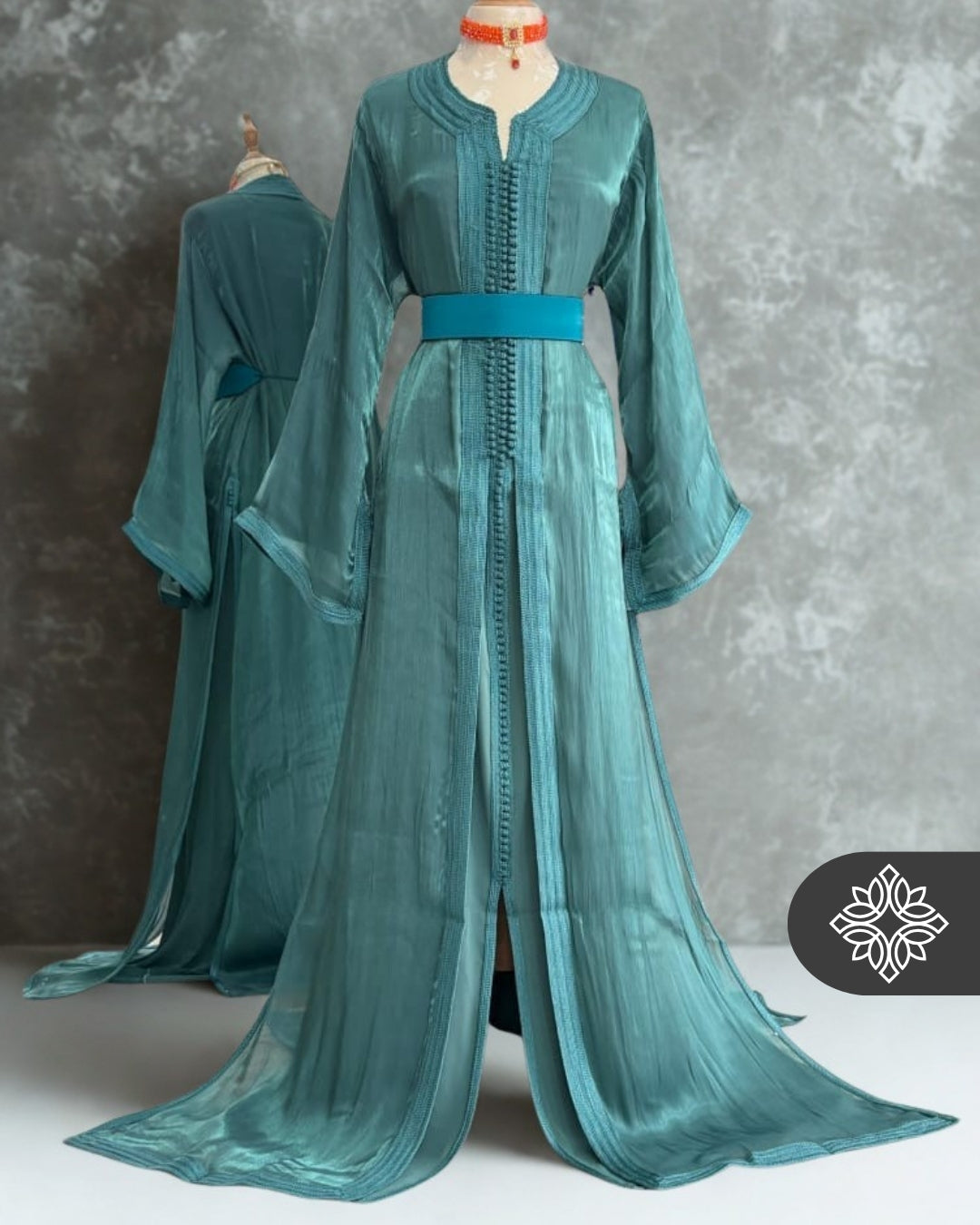 Deep Teal Moroccan Takchita | Royal Organza Two-Piece Kaftan