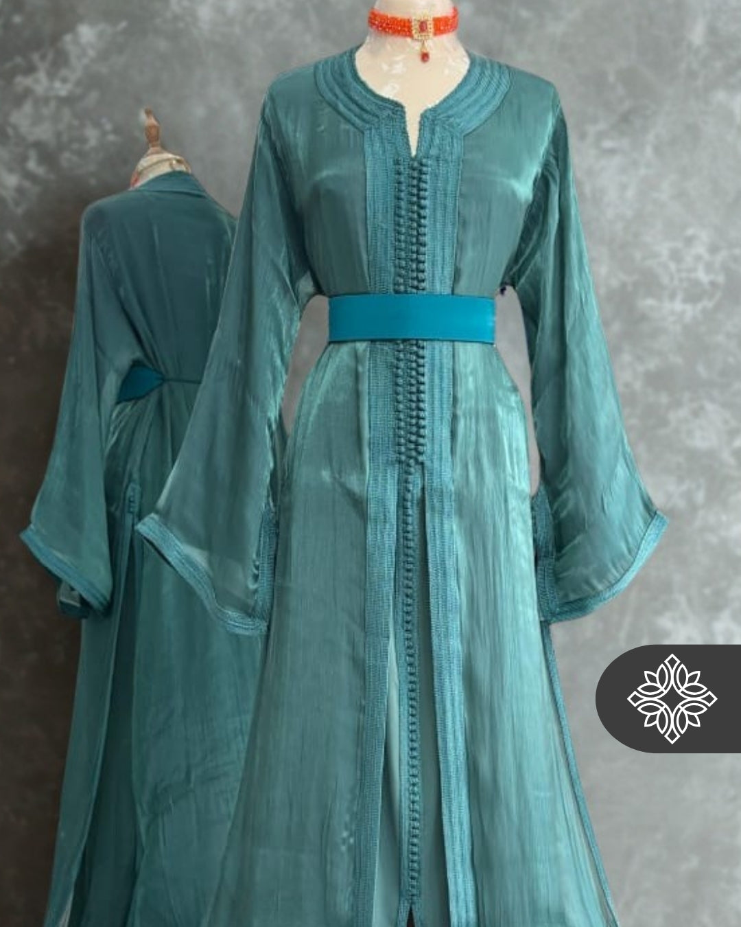 Turquoise Mirage Moroccan Takchita | Couture Two-Piece Kaftan | Flowing Organza Grace