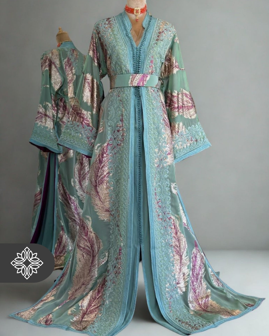 Turquoise Moroccan Takchita | Artistic Multicolor & Tonal Embroidery | Luxury Two-Piece Kaftan