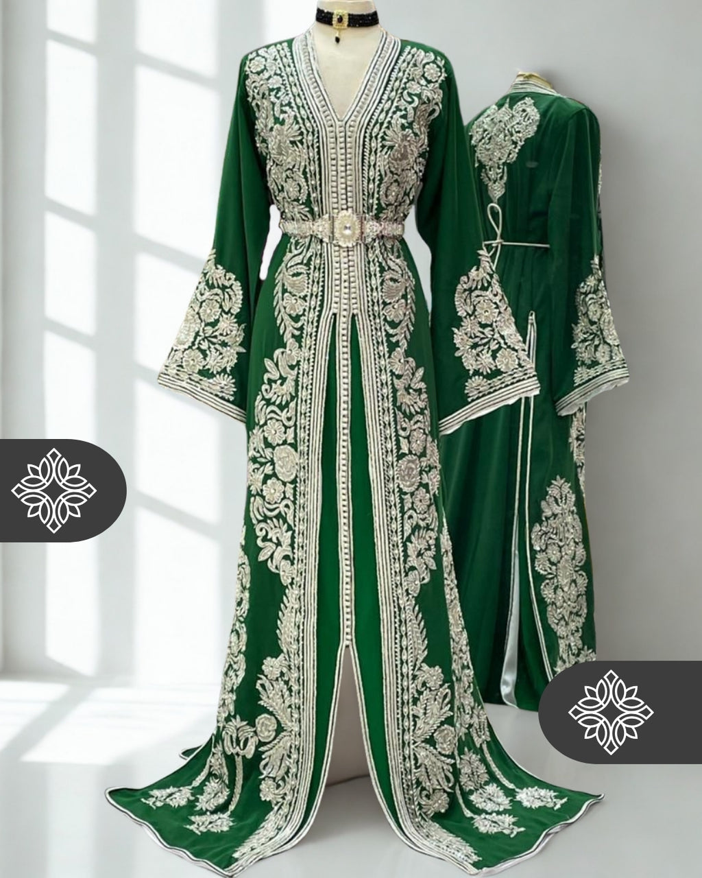 Caftan deux pièces vert émeraude avec broderies argentées Takchita | Robe caftan
