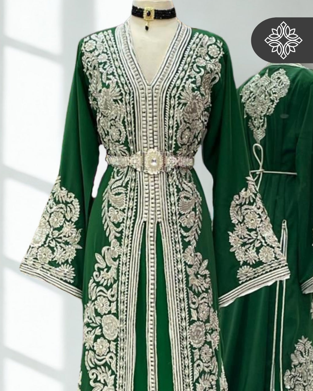 Two-Piece Kaftan Emerald Green with Silver Embroidery Takchita | Cafta ...